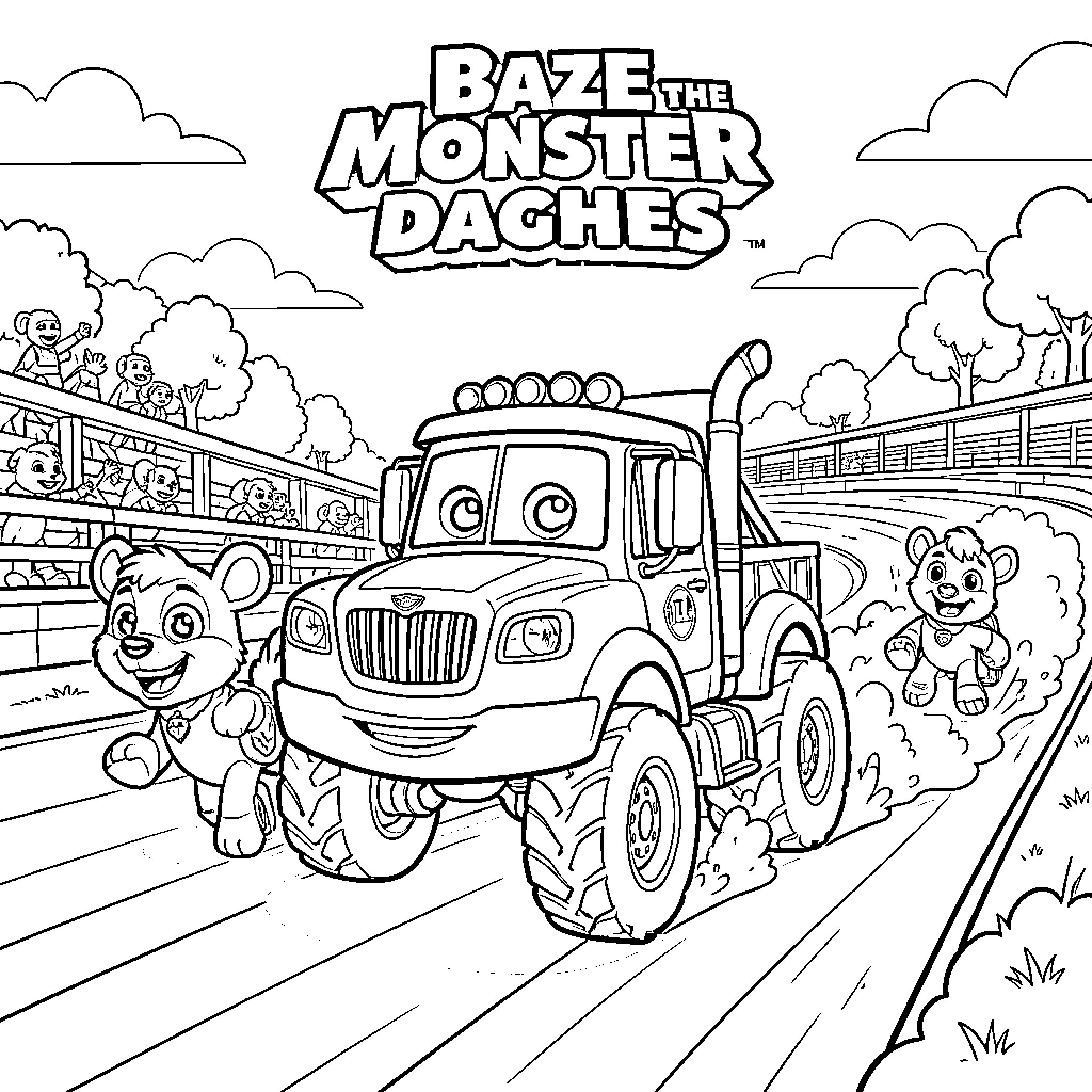 Blaze driving a monster truck through a cheering crowd Coloring Page (free black-and-white line drawing printable PDF for all, from beginners to advanced learners, including children, teens, adults, and seniors)