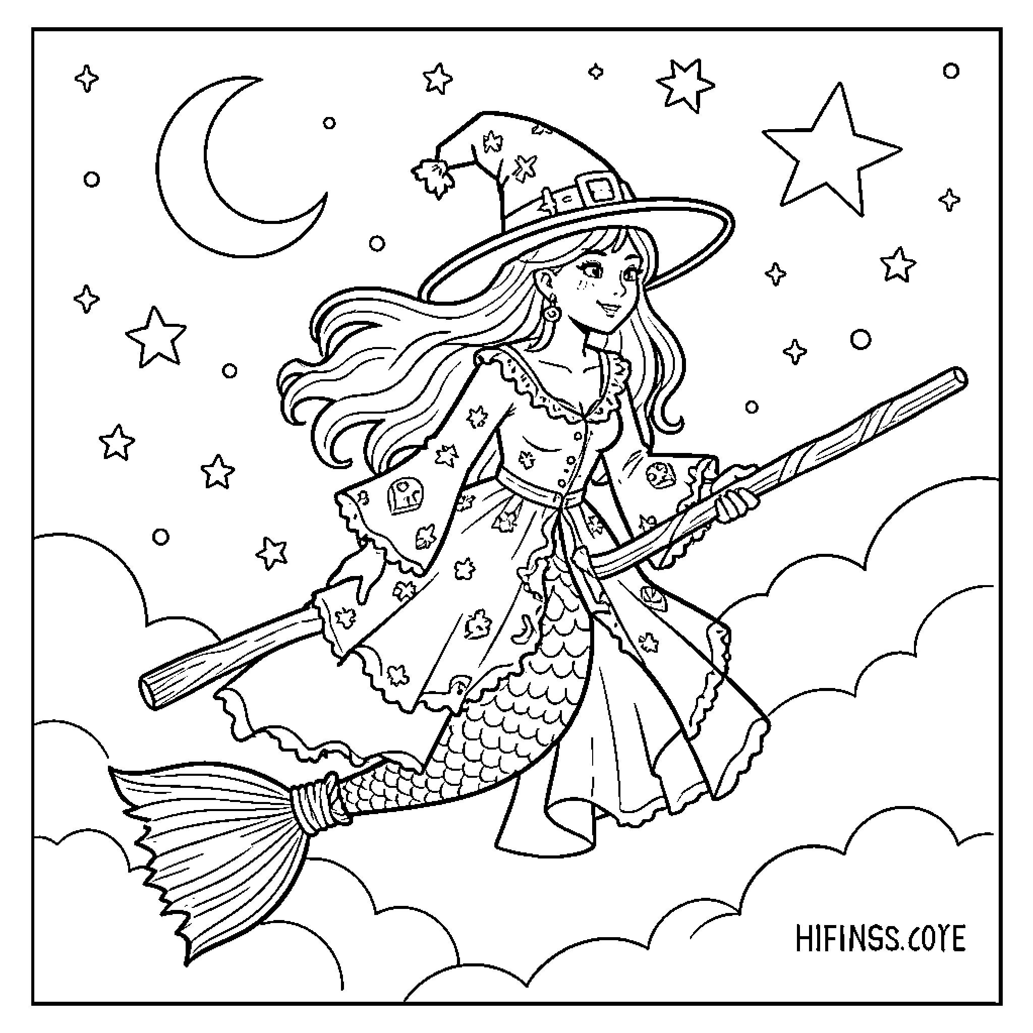 Mermaid Witch Casting Spells Under the Starry Night Sky Coloring Page (free black-and-white line drawing printable PDF for all, from beginners to advanced learners, including children, teens, adults, and seniors)