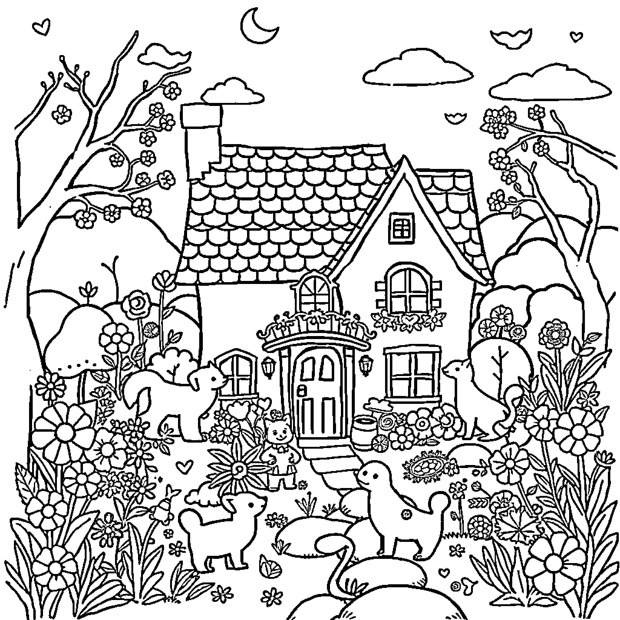 House in a Whimsical Garden Scene Coloring Page (free black-and-white line drawing printable PDF for all, from beginners to advanced learners, including children, teens, adults, and seniors)