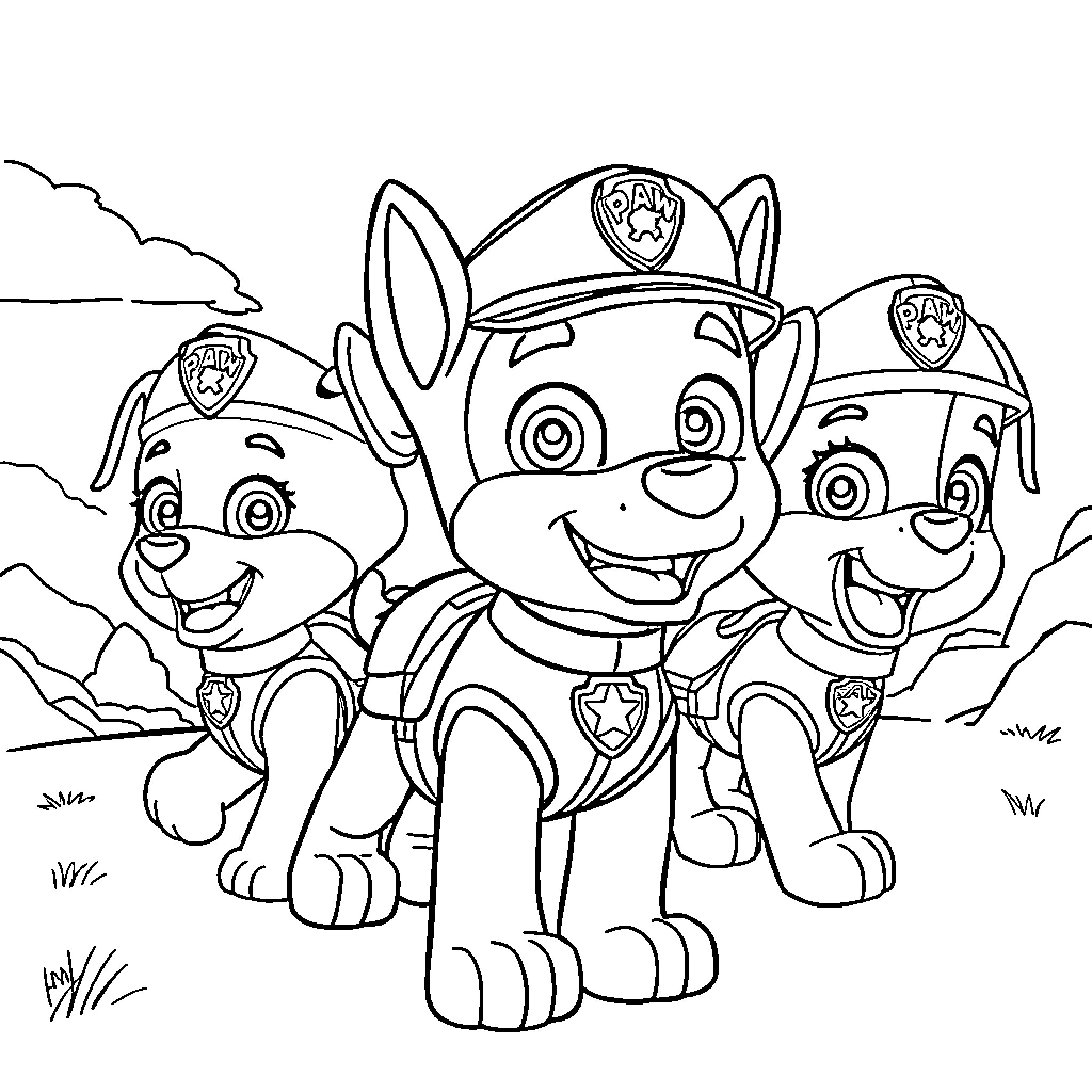 Pat Pattrouille pups in action on the field Coloring Page (free black-and-white line drawing printable PDF for all, from beginners to advanced learners, including children, teens, adults, and seniors)