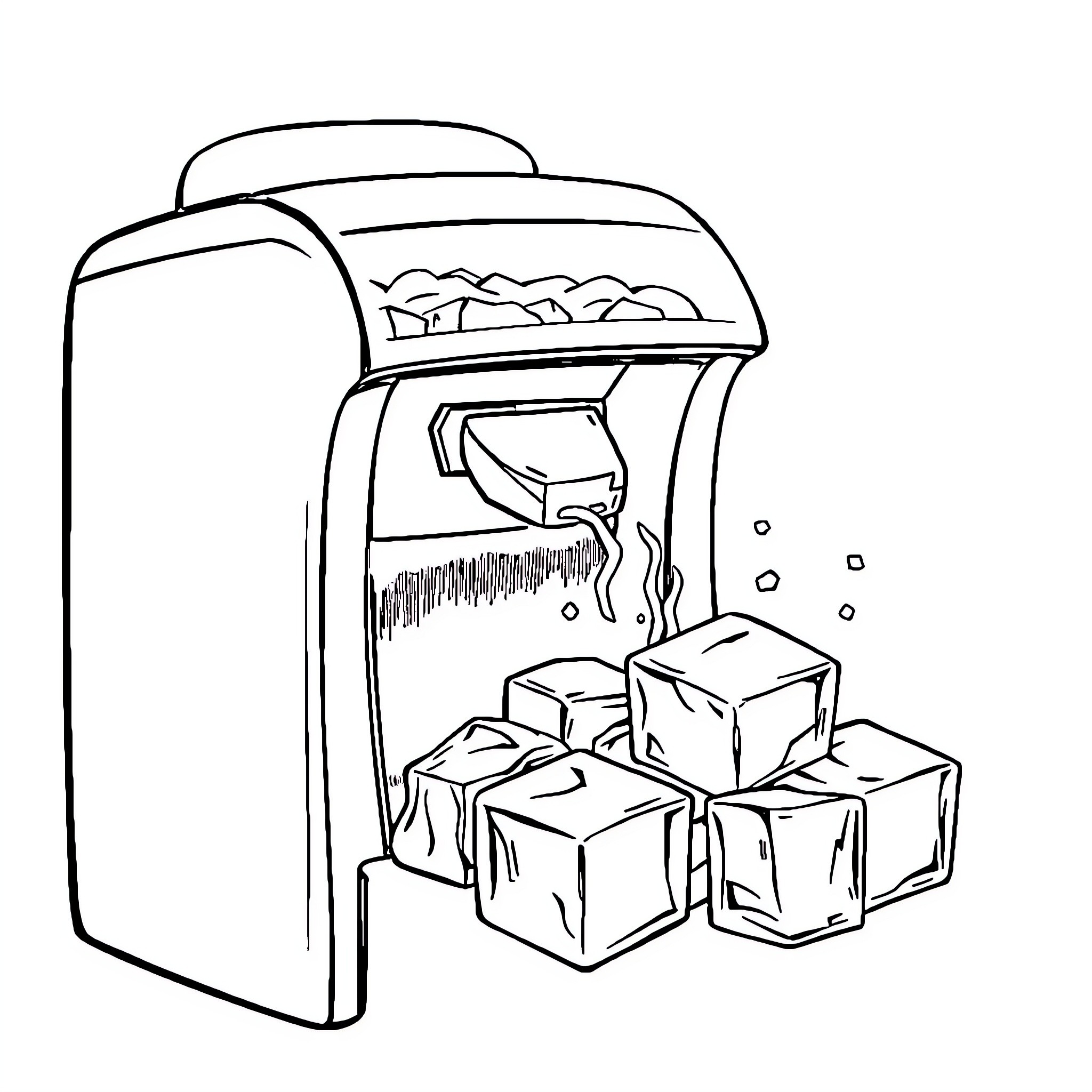 Ice Machine Producing Chilled Cubes Coloring Page (free black-and-white line drawing printable PDF for all, from beginners to advanced learners, including children, teens, adults, and seniors)