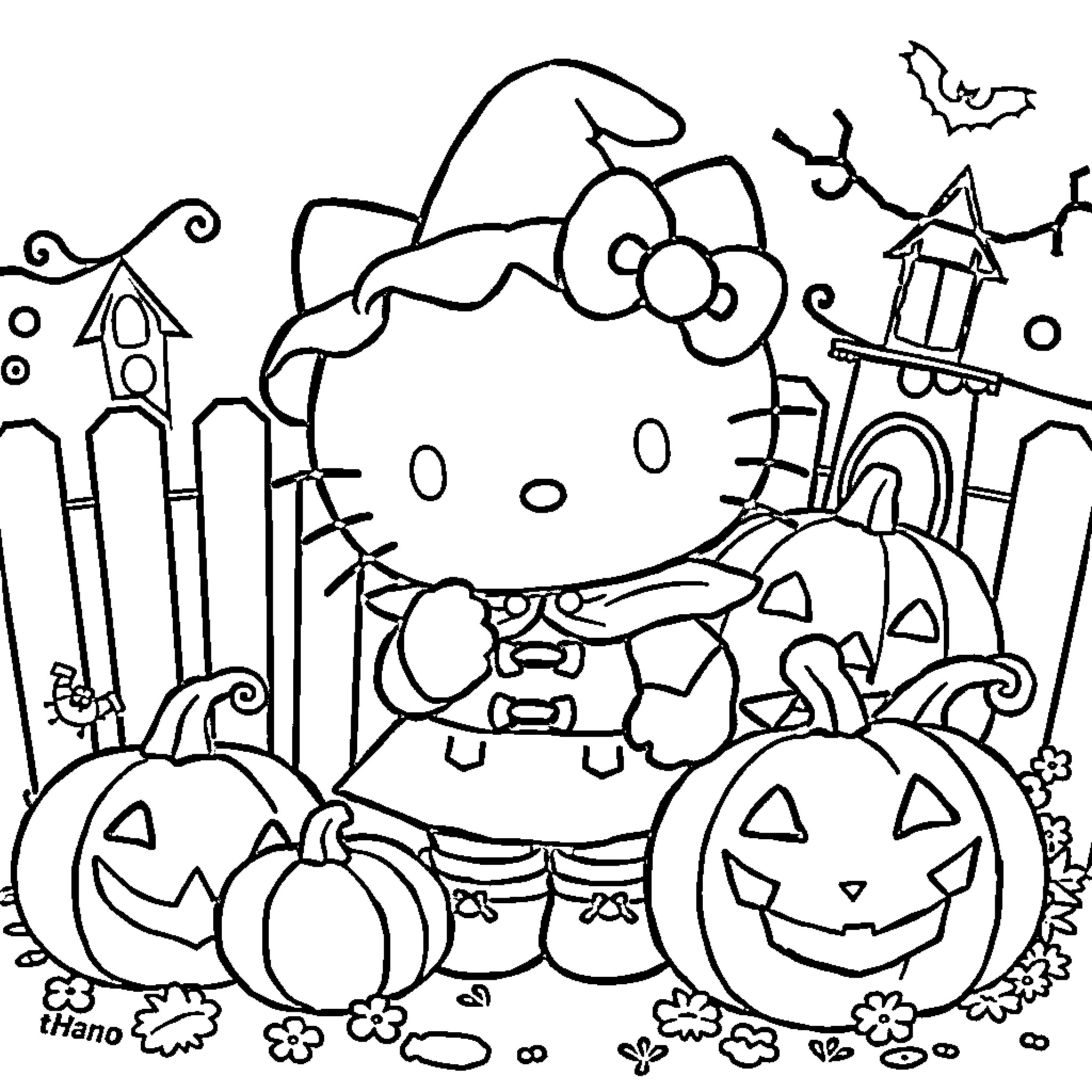 Hello Kitty enjoying a Halloween celebration Coloring Page (free black-and-white line drawing printable PDF for all, from beginners to advanced learners, including children, teens, adults, and seniors)
