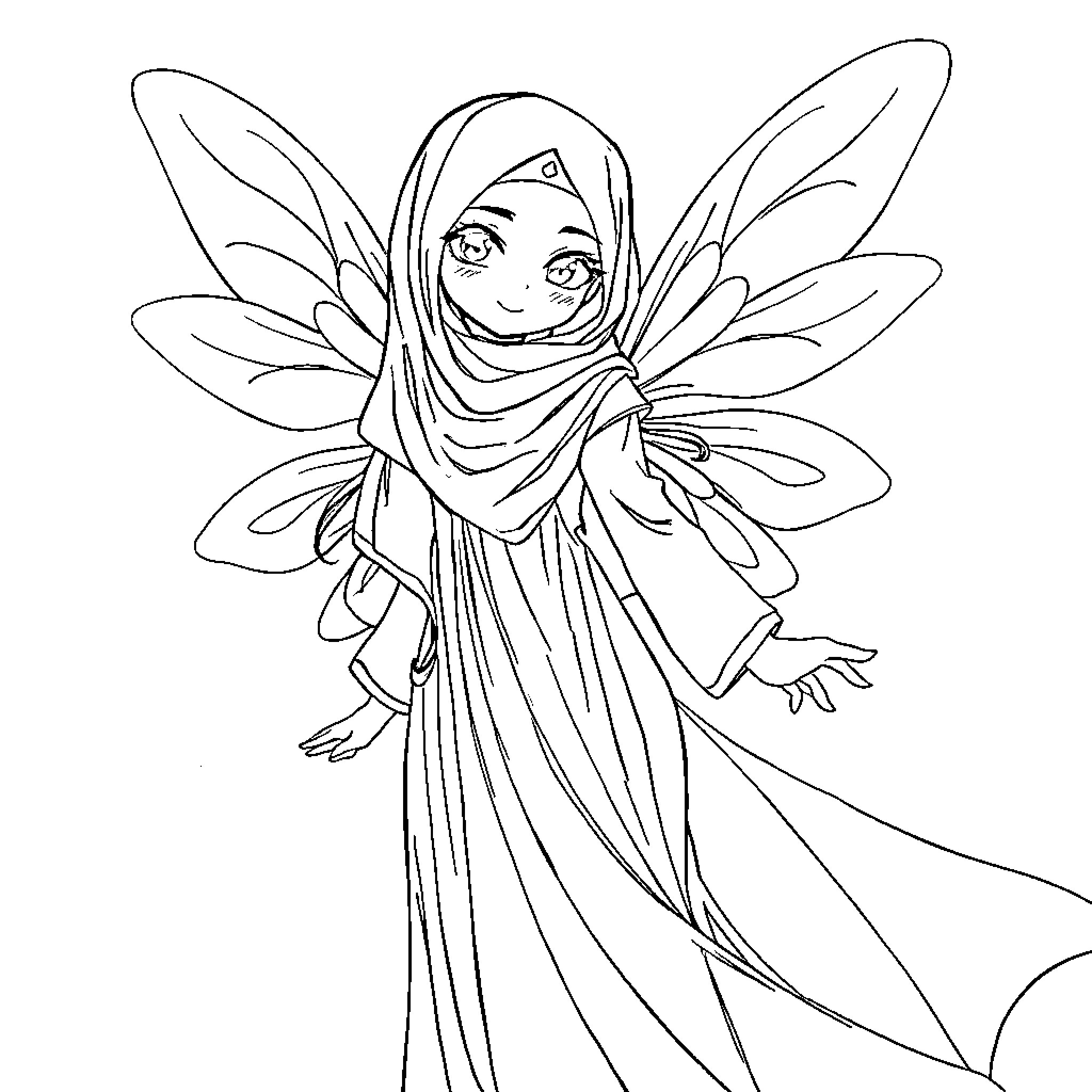 Fairy in flowing dress with wings Coloring Page (free black-and-white line drawing printable PDF for all, from beginners to advanced learners, including children, teens, adults, and seniors)