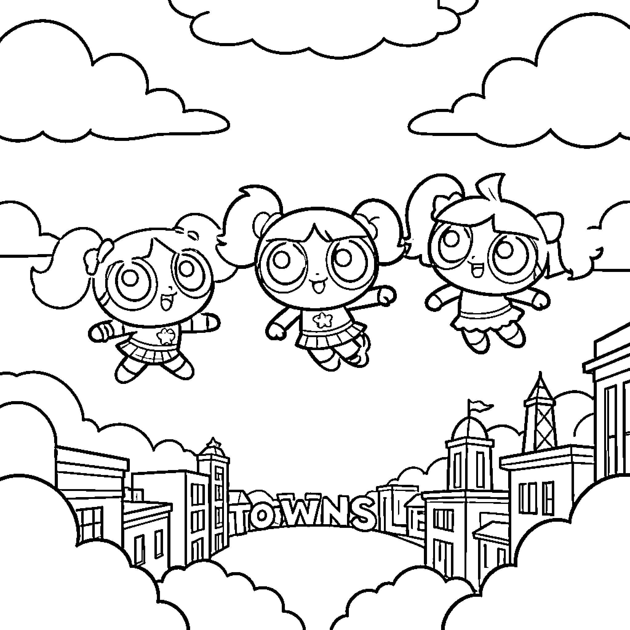 Powerpuff Girls flying over the town Coloring Page (free black-and-white line drawing printable PDF for all, from beginners to advanced learners, including children, teens, adults, and seniors)