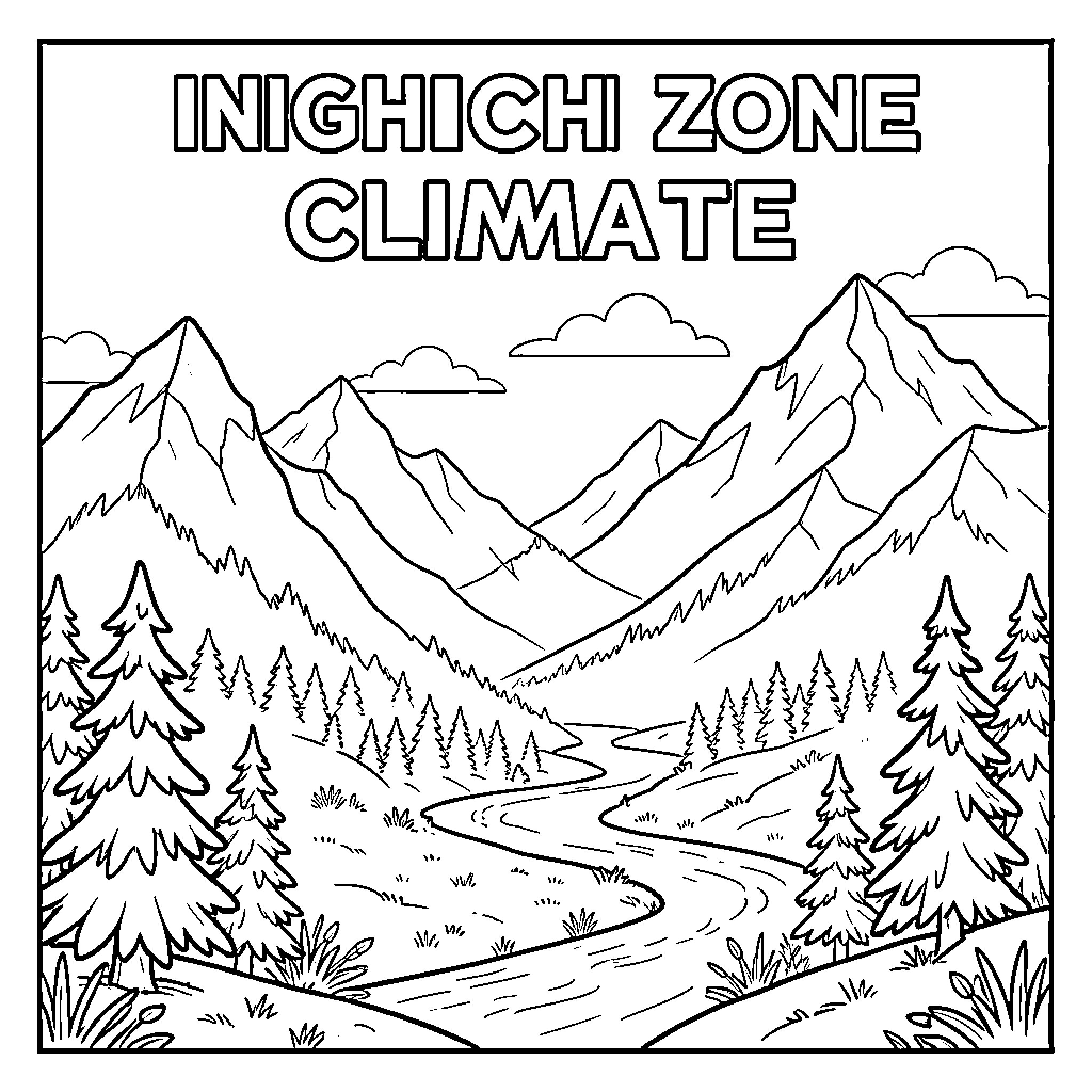 Highland Landscape with Snow-Capped Mountains and Forests Coloring Page (free black-and-white line drawing printable PDF for all, from beginners to advanced learners, including children, teens, adults, and seniors)