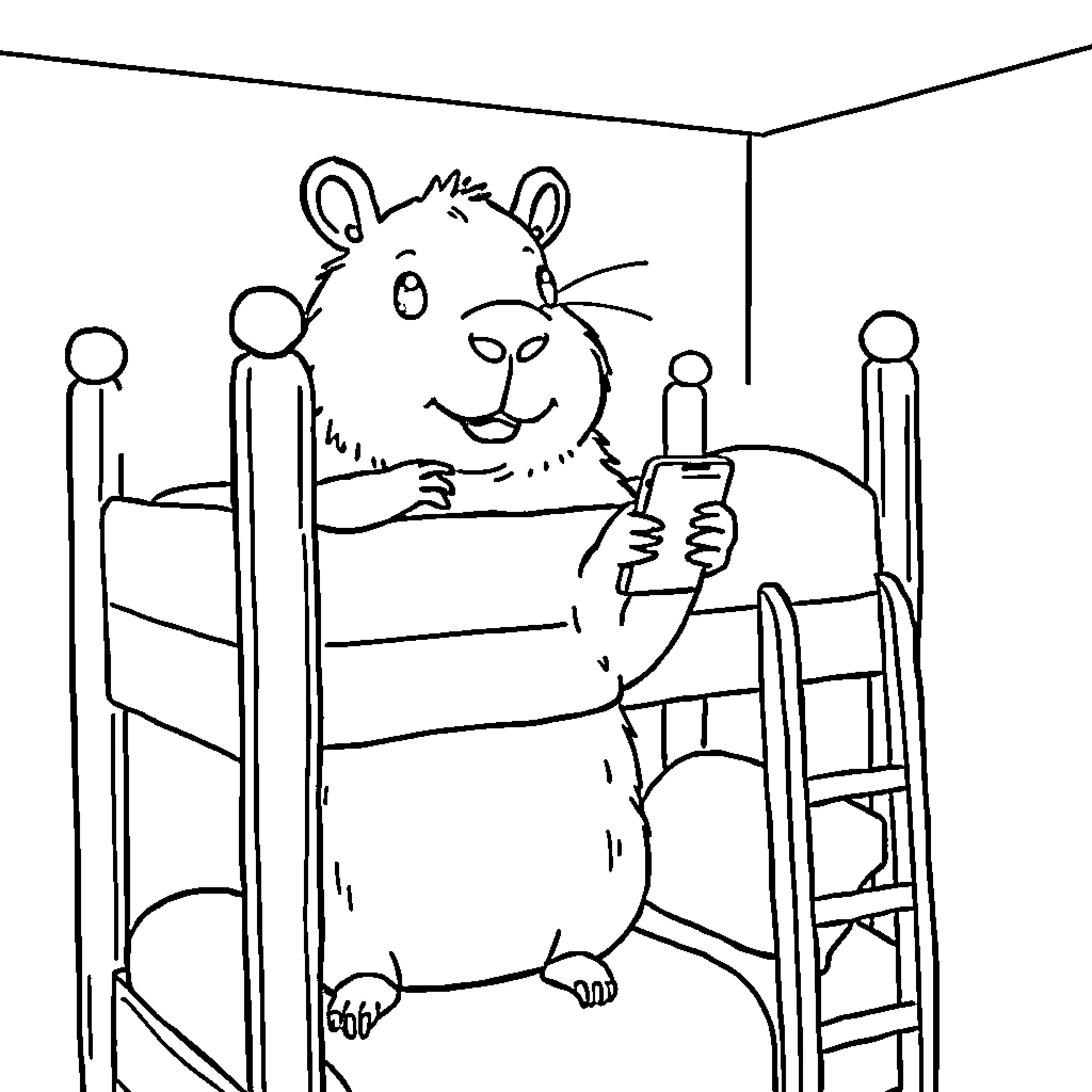 Capybara resting on bunk bed Coloring Page (free black-and-white line drawing printable PDF for all, from beginners to advanced learners, including children, teens, adults, and seniors)