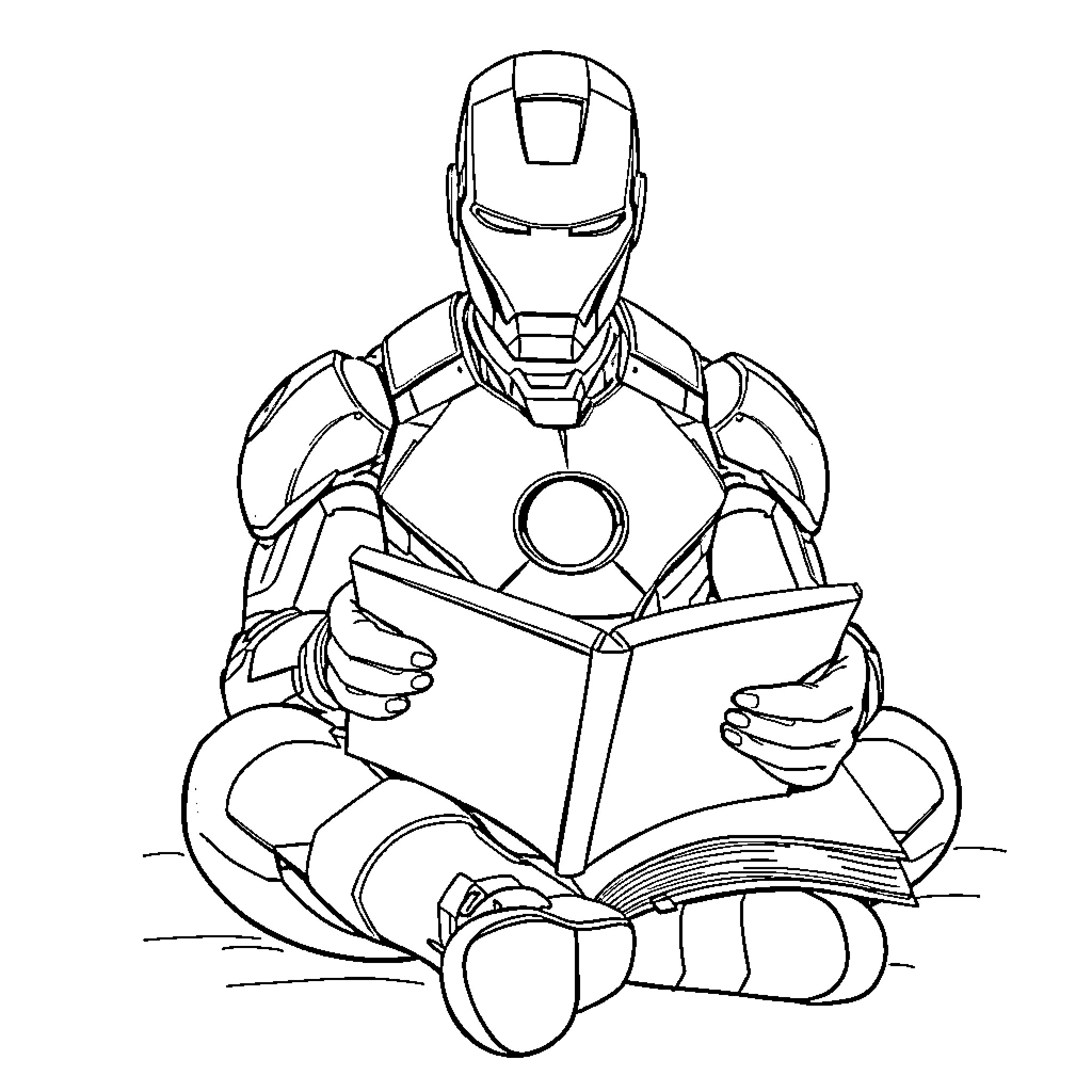 Ironman reading a book intently Coloring Page (free black-and-white line drawing printable PDF for all, from beginners to advanced learners, including children, teens, adults, and seniors)
