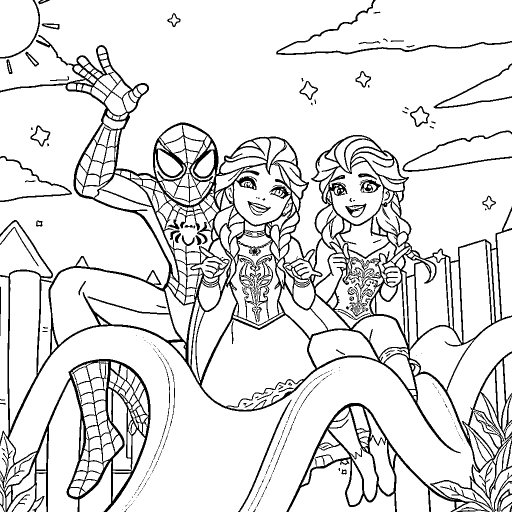 Spiderman joins heroines on a city adventure Coloring Page (free black-and-white line drawing printable PDF for all, from beginners to advanced learners, including children, teens, adults, and seniors)