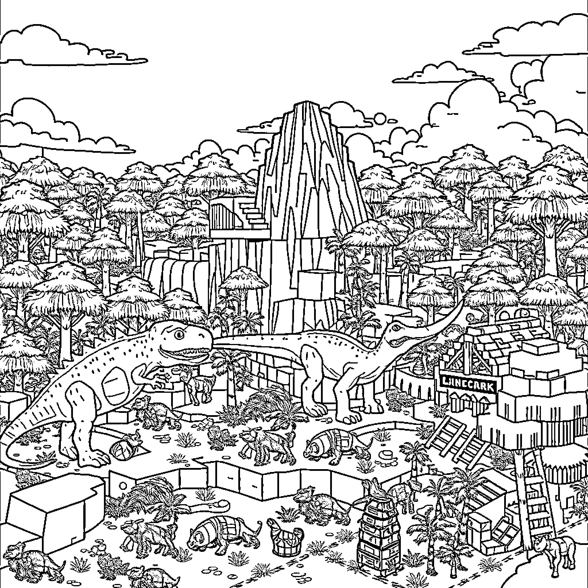 Jurassic Park: Dinosaurs roaming the prehistoric landscape Coloring Page (free black-and-white line drawing printable PDF for all, from beginners to advanced learners, including children, teens, adults, and seniors)