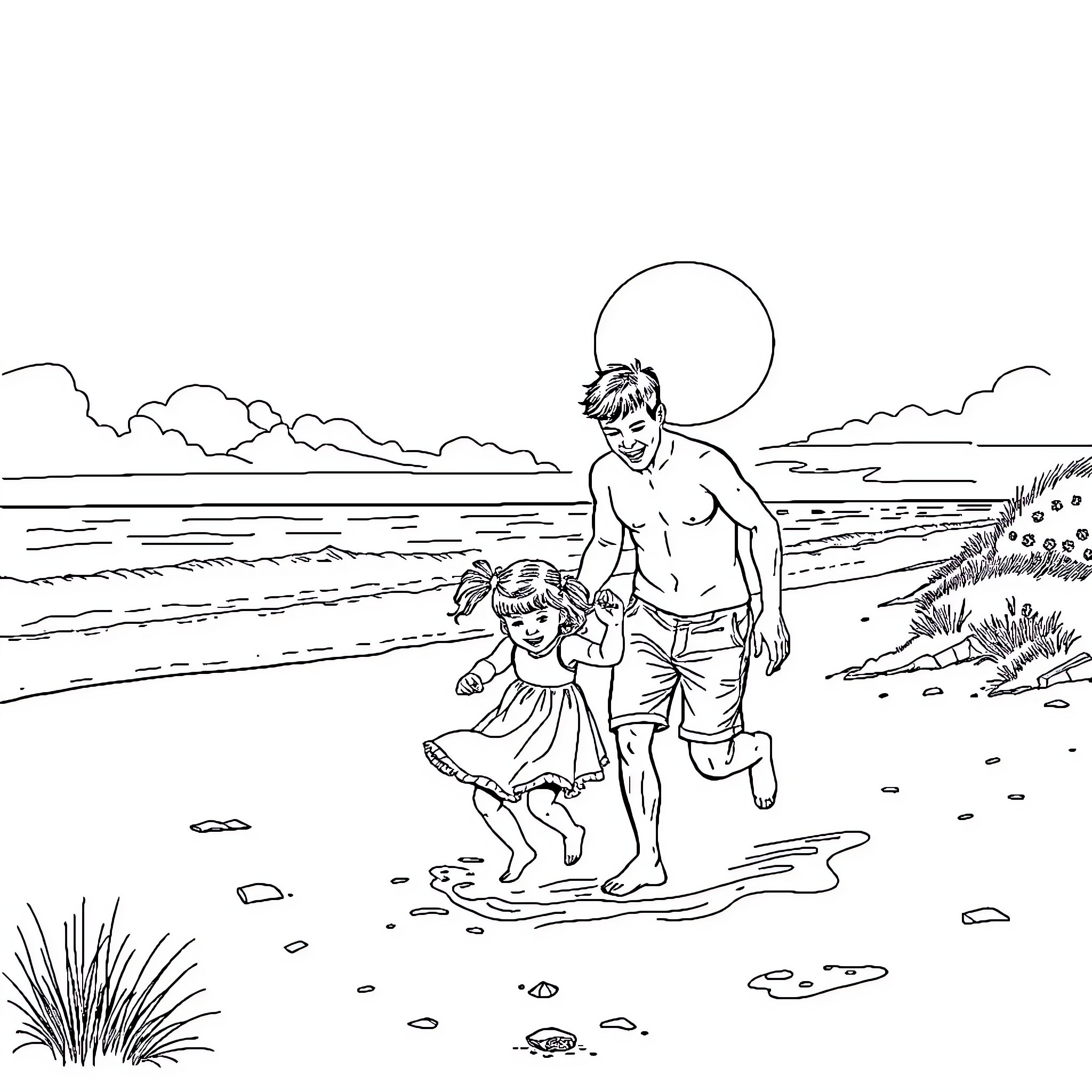 Dad and child playing in the sand by the sea Coloring Page (free black-and-white line drawing printable PDF for all, from beginners to advanced learners, including children, teens, adults, and seniors)