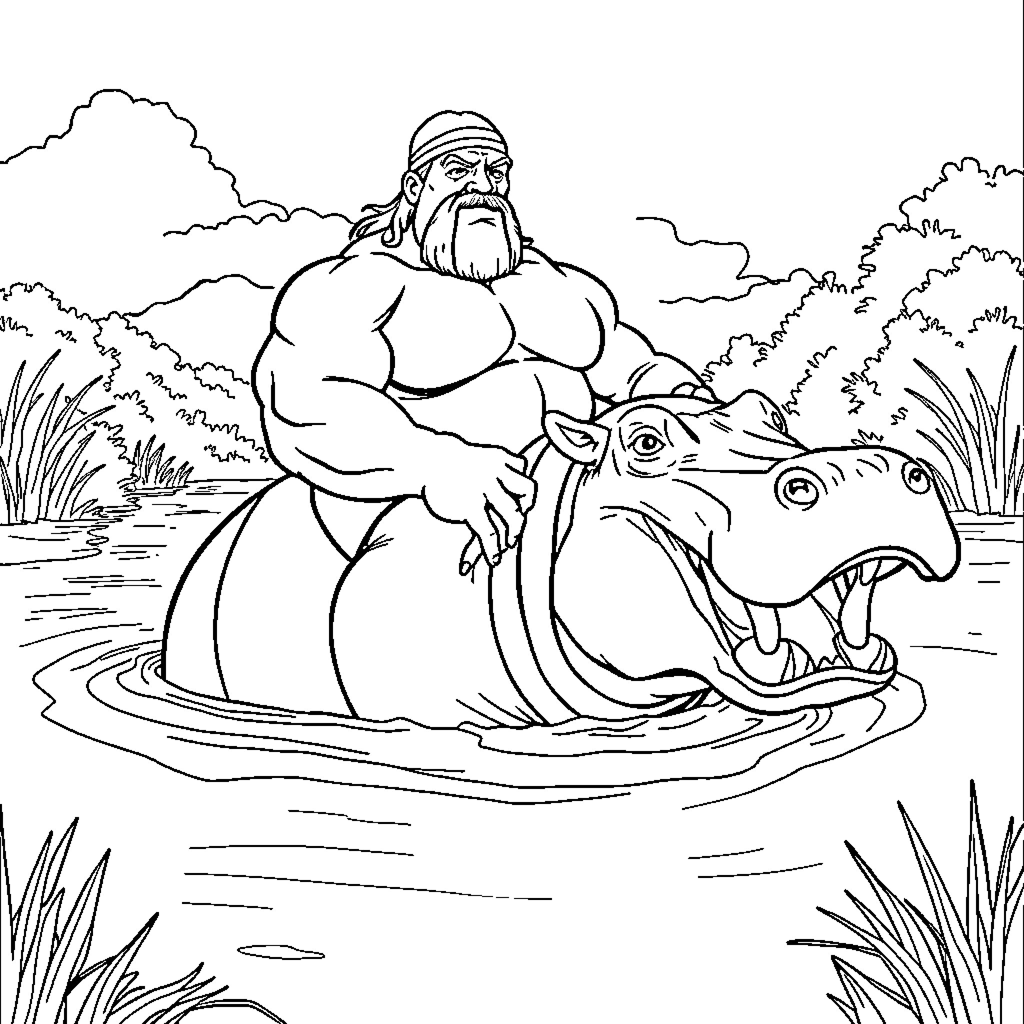 Hulk Hogan rides a fearsome alligator in the wilderness Coloring Page (free black-and-white line drawing printable PDF for all, from beginners to advanced learners, including children, teens, adults, and seniors)