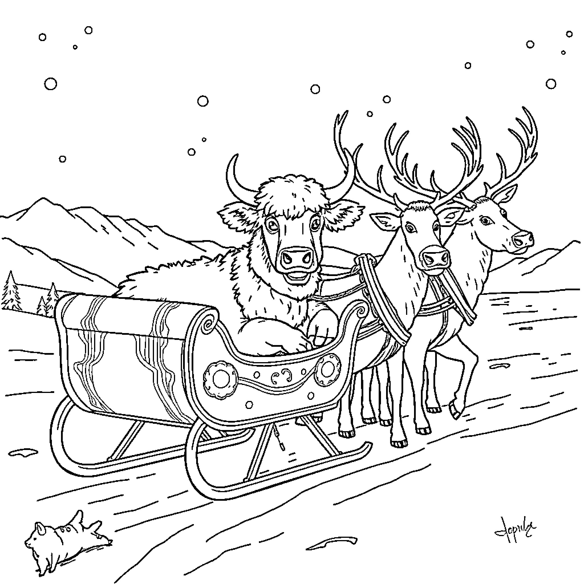 Highland Cows Pulling a Sleigh in Snowy Landscape Coloring Page (free black-and-white line drawing printable PDF for all, from beginners to advanced learners, including children, teens, adults, and seniors)