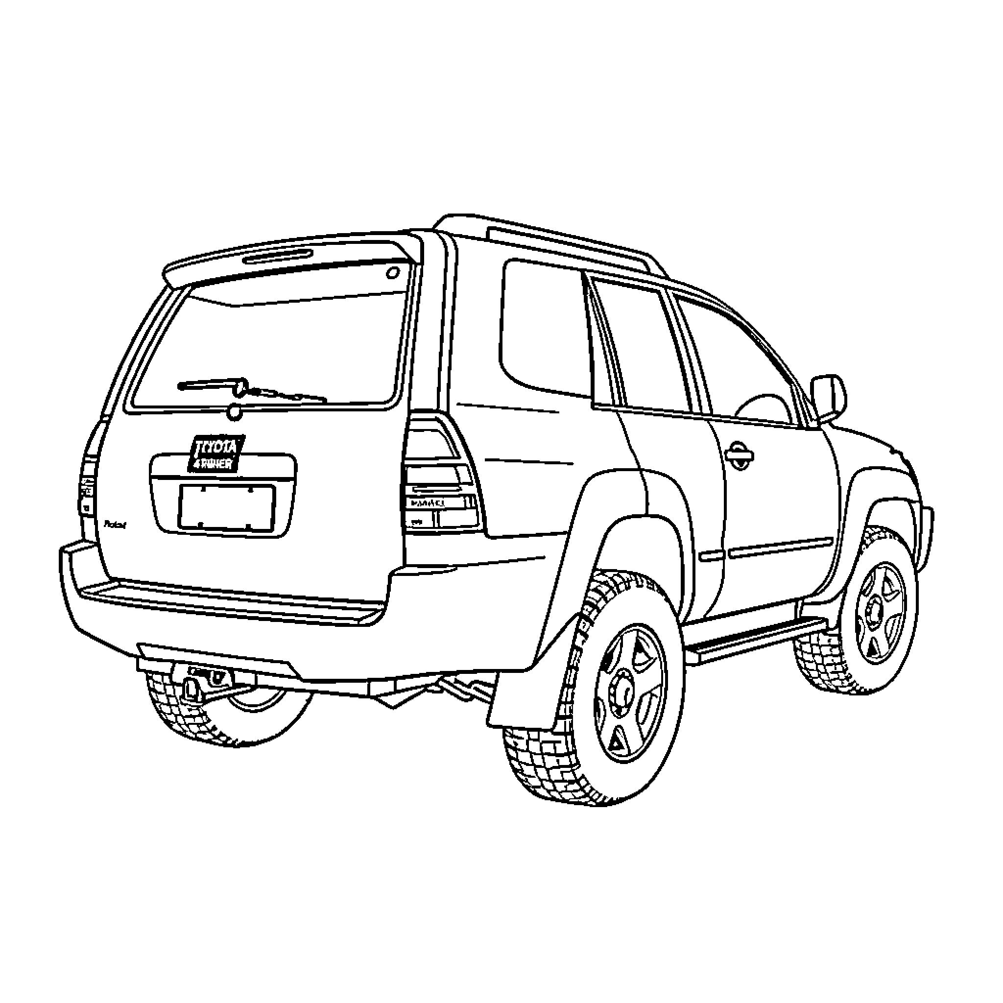 Toyota off-road SUV in adventure mode Coloring Page (free black-and-white line drawing printable PDF for all, from beginners to advanced learners, including children, teens, adults, and seniors)