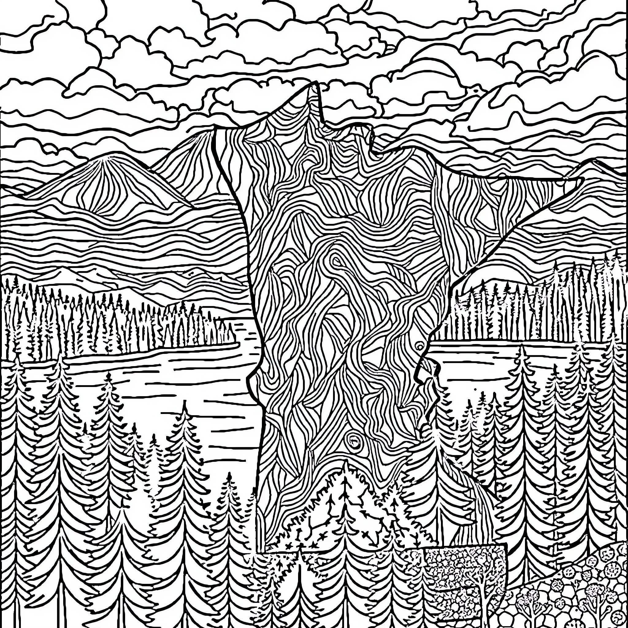 Minnesota Landscape with Intricate Patterns and Forest Coloring Page (free black-and-white line drawing printable PDF for all, from beginners to advanced learners, including children, teens, adults, and seniors)