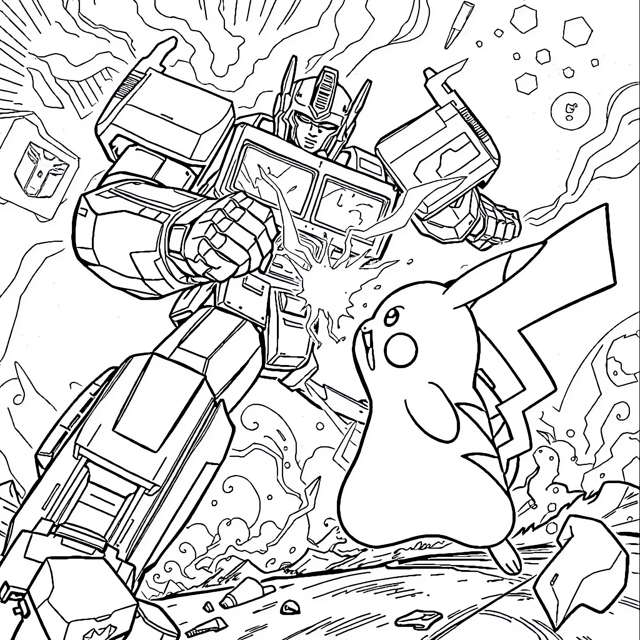 Pikachu facing off against a giant Transformer robot Coloring Page (free black-and-white line drawing printable PDF for all, from beginners to advanced learners, including children, teens, adults, and seniors)