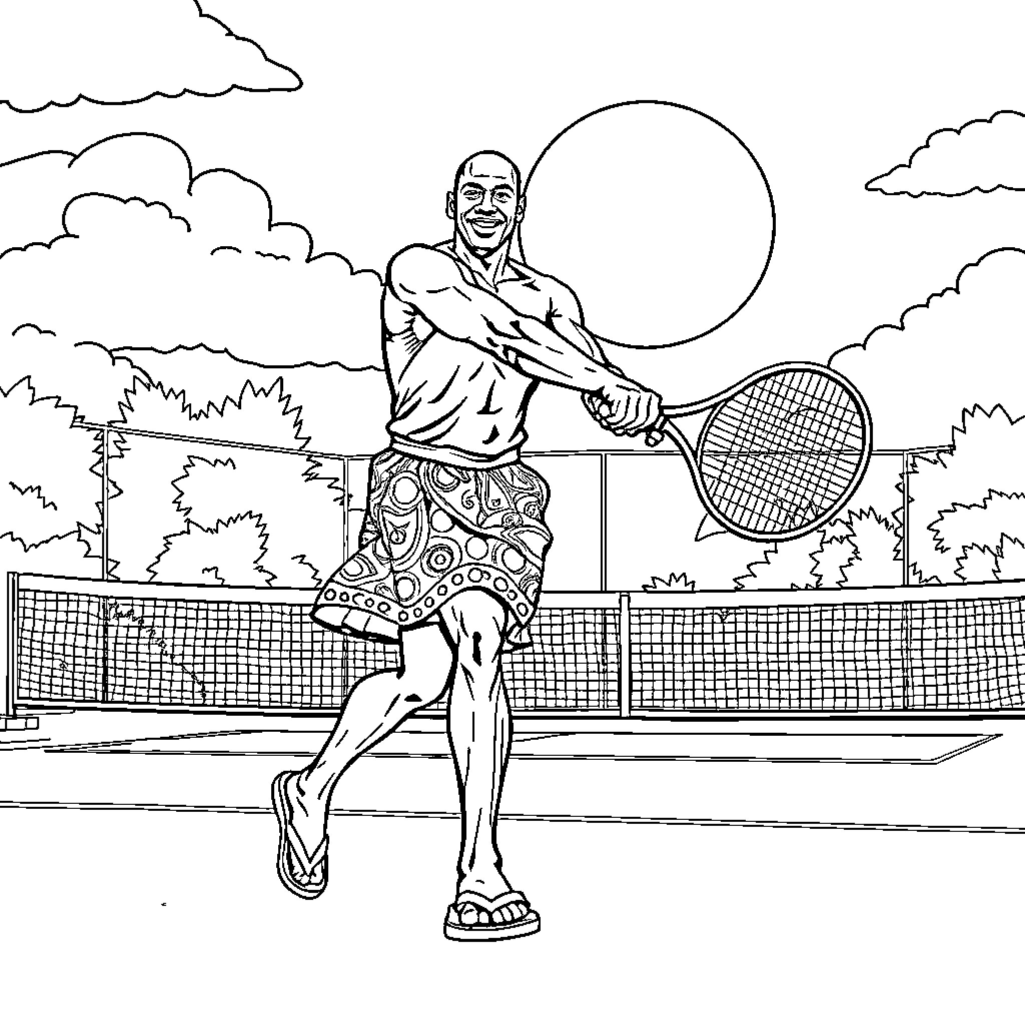 Michael Jordan playing tennis on the court Coloring Page (free black-and-white line drawing printable PDF for all, from beginners to advanced learners, including children, teens, adults, and seniors)