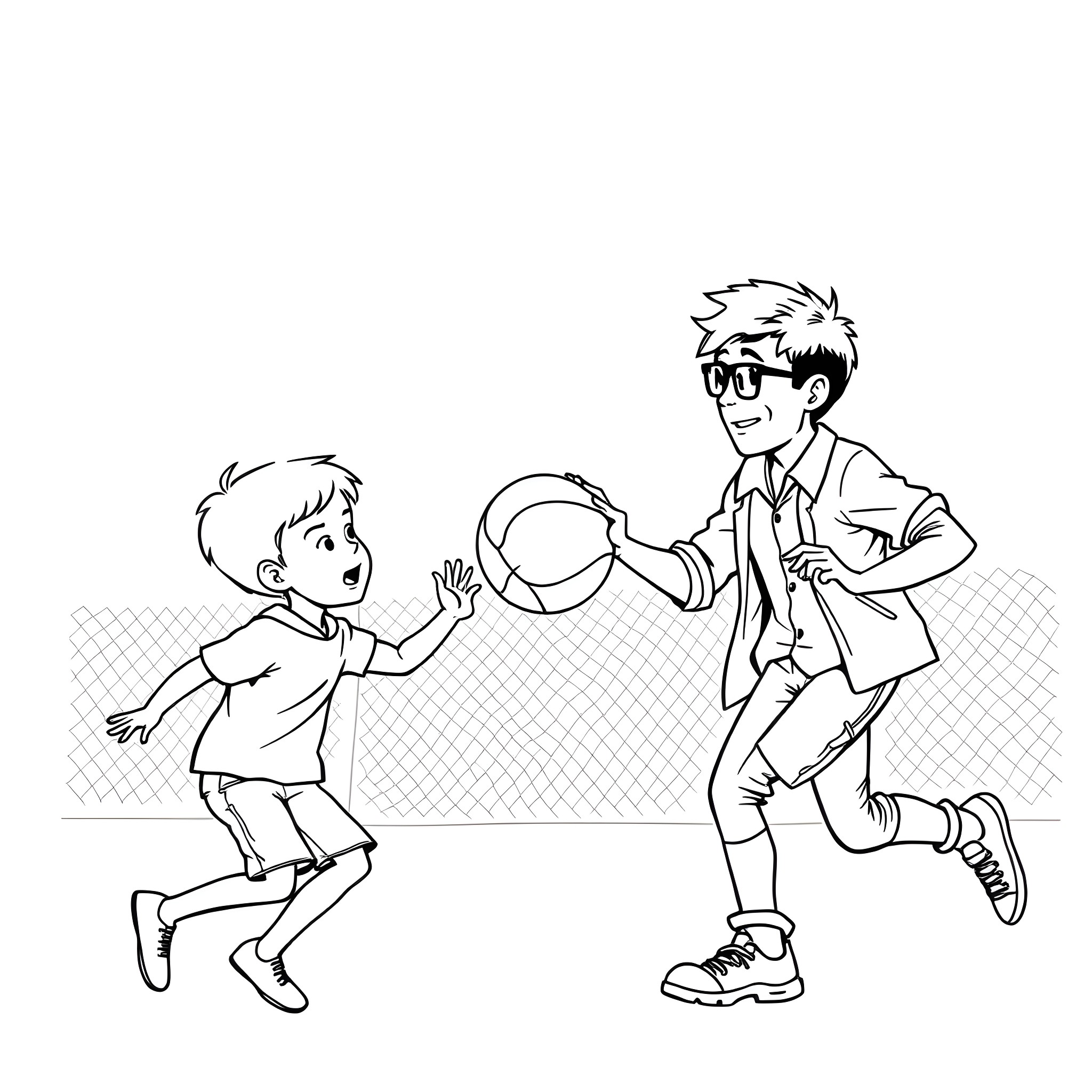 Teacher Playing Catch with Student in Schoolyard Coloring Page (free black-and-white line drawing printable PDF for all, from beginners to advanced learners, including children, teens, adults, and seniors)