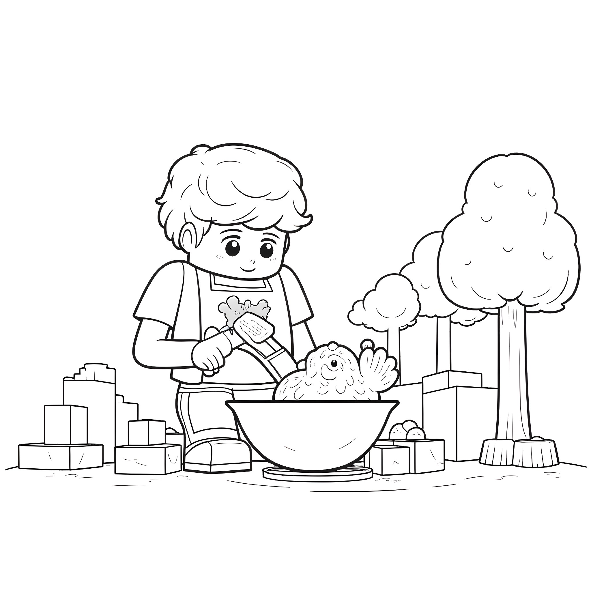 Steve playing happily with toy in the park Coloring Page (free black-and-white line drawing printable PDF for all, from beginners to advanced learners, including children, teens, adults, and seniors)