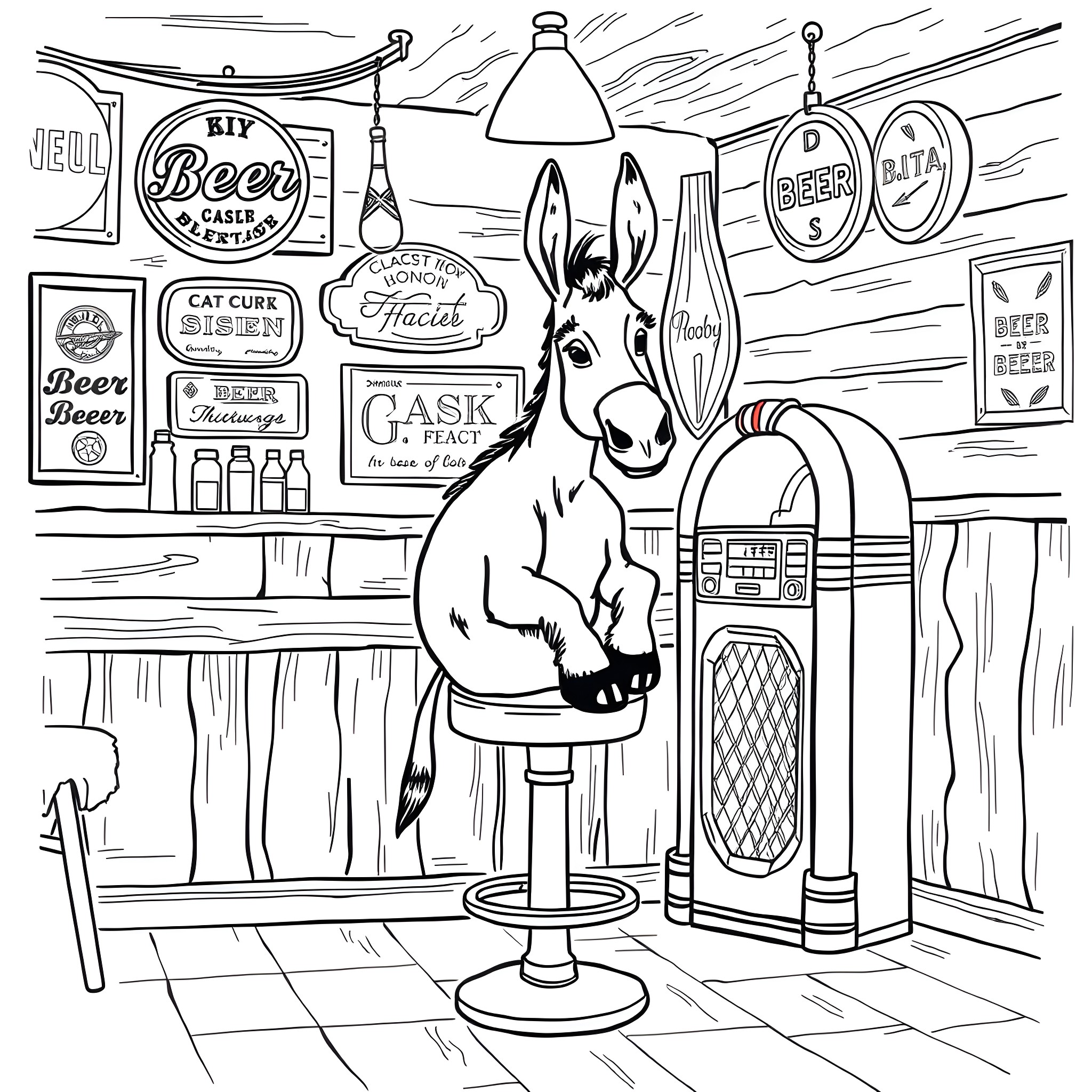 Donkey enjoying drinks at the local pub Coloring Page (free black-and-white line drawing printable PDF for all, from beginners to advanced learners, including children, teens, adults, and seniors)