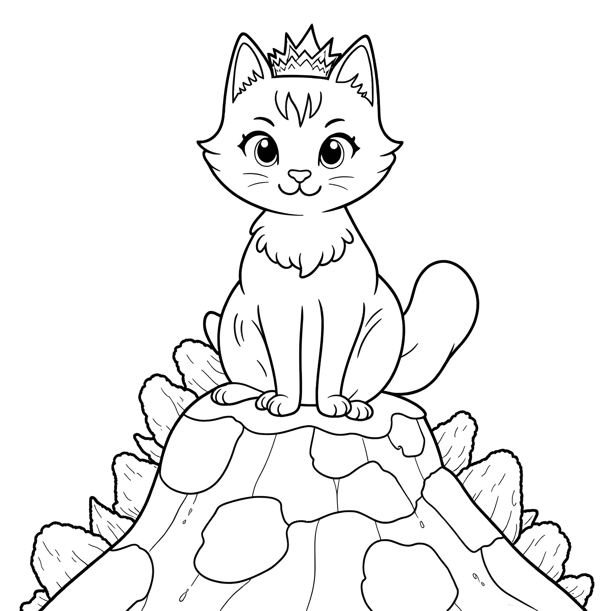 Cat wearing a crown on a rock Coloring Page (free black-and-white line drawing printable PDF for all, from beginners to advanced learners, including children, teens, adults, and seniors)