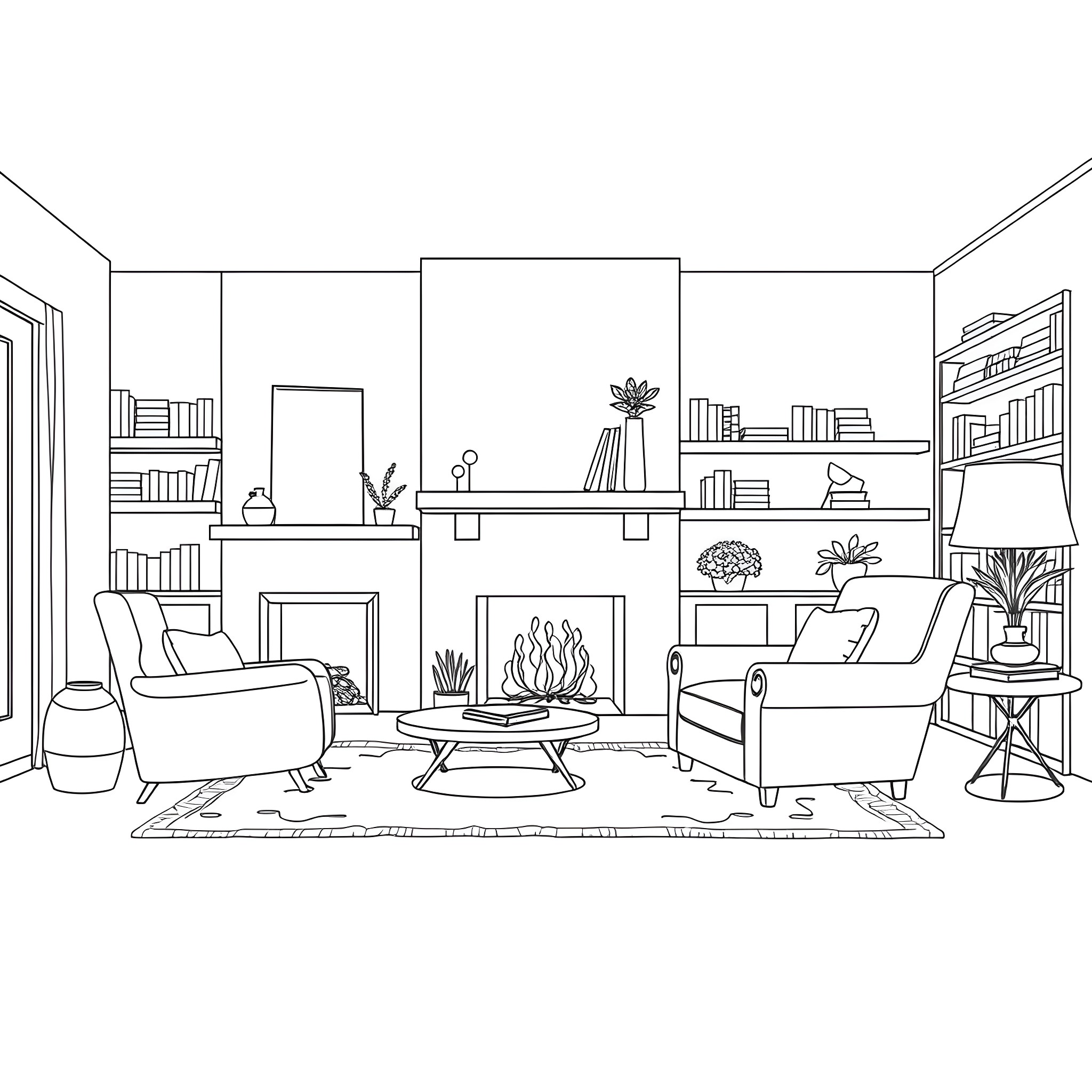 Living Room with Cozy Furnishings and Decor Coloring Page (free black-and-white line drawing printable PDF for all, from beginners to advanced learners, including children, teens, adults, and seniors)