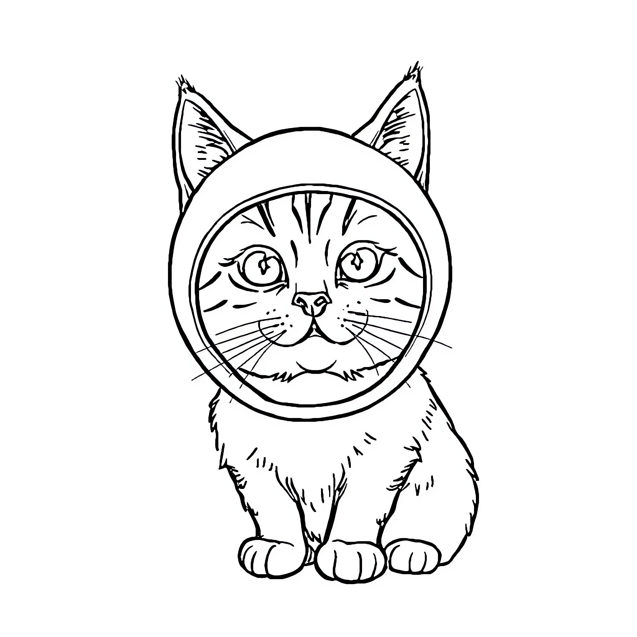 Cat in a Circular Frame Coloring Page (free black-and-white line drawing printable PDF for all, from beginners to advanced learners, including children, teens, adults, and seniors)
