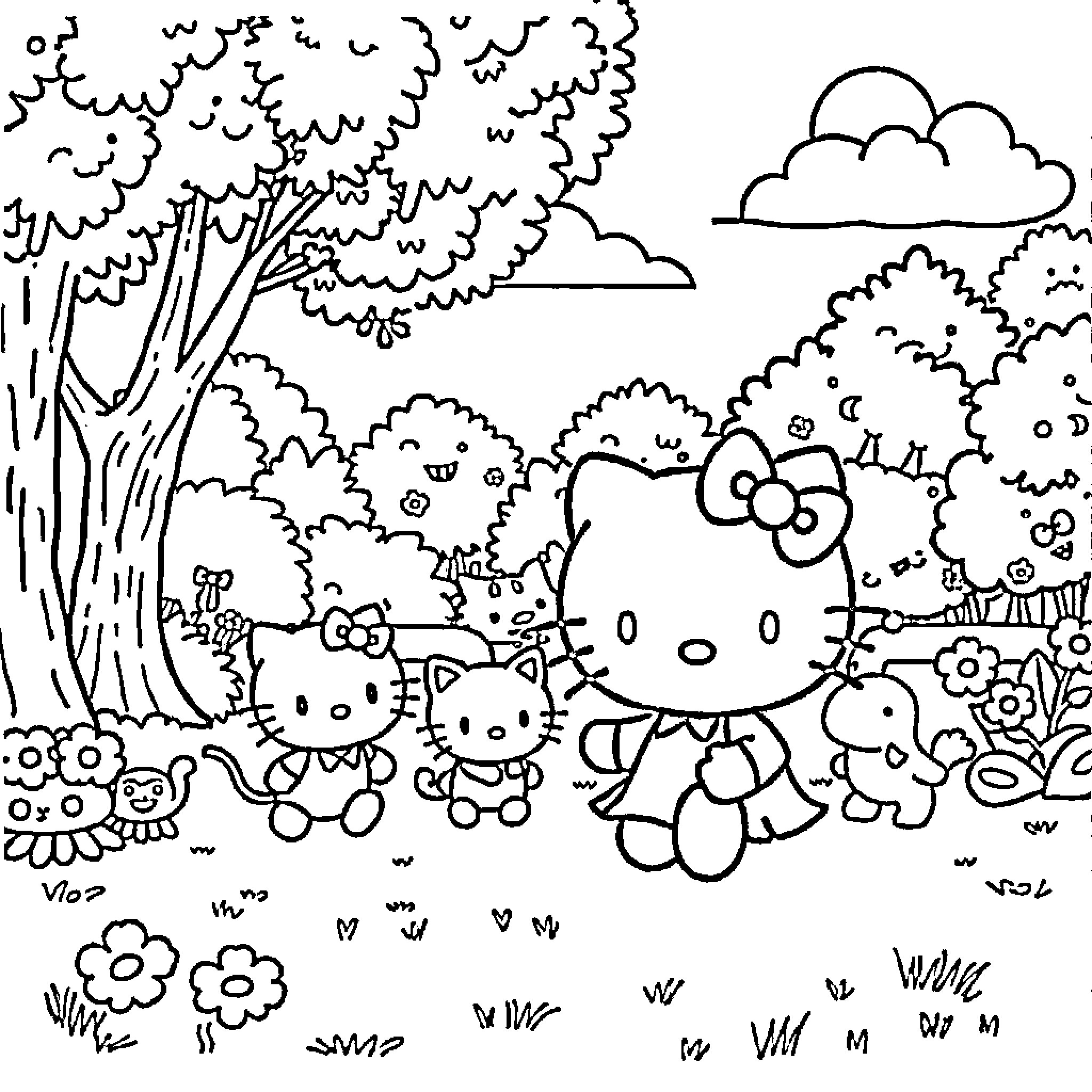 Hello Kitty and Friends Enjoy Nature Outing Coloring Page (free black-and-white line drawing printable PDF for all, from beginners to advanced learners, including children, teens, adults, and seniors)