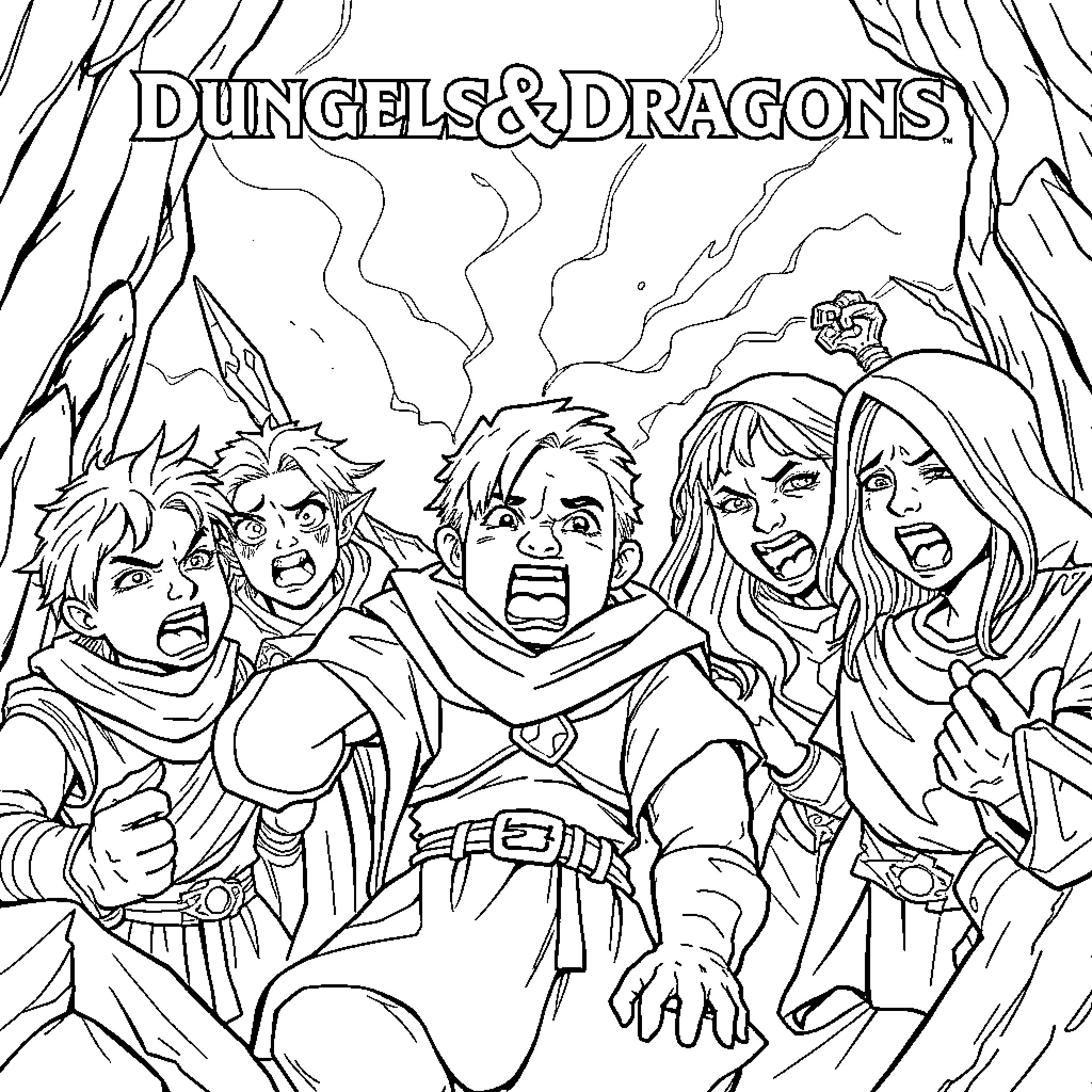 Dungeons and Dragons characters battling heroically Coloring Page (free black-and-white line drawing printable PDF for all, from beginners to advanced learners, including children, teens, adults, and seniors)