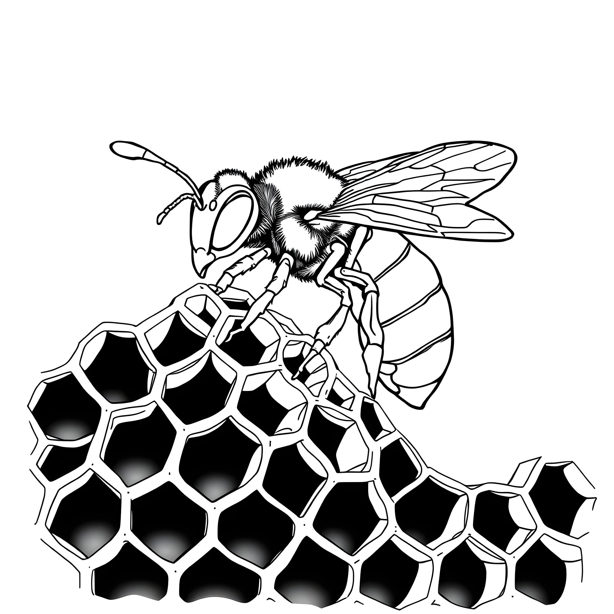 Wasp building honeycomb with determination Coloring Page (free black-and-white line drawing printable PDF for all, from beginners to advanced learners, including children, teens, adults, and seniors)