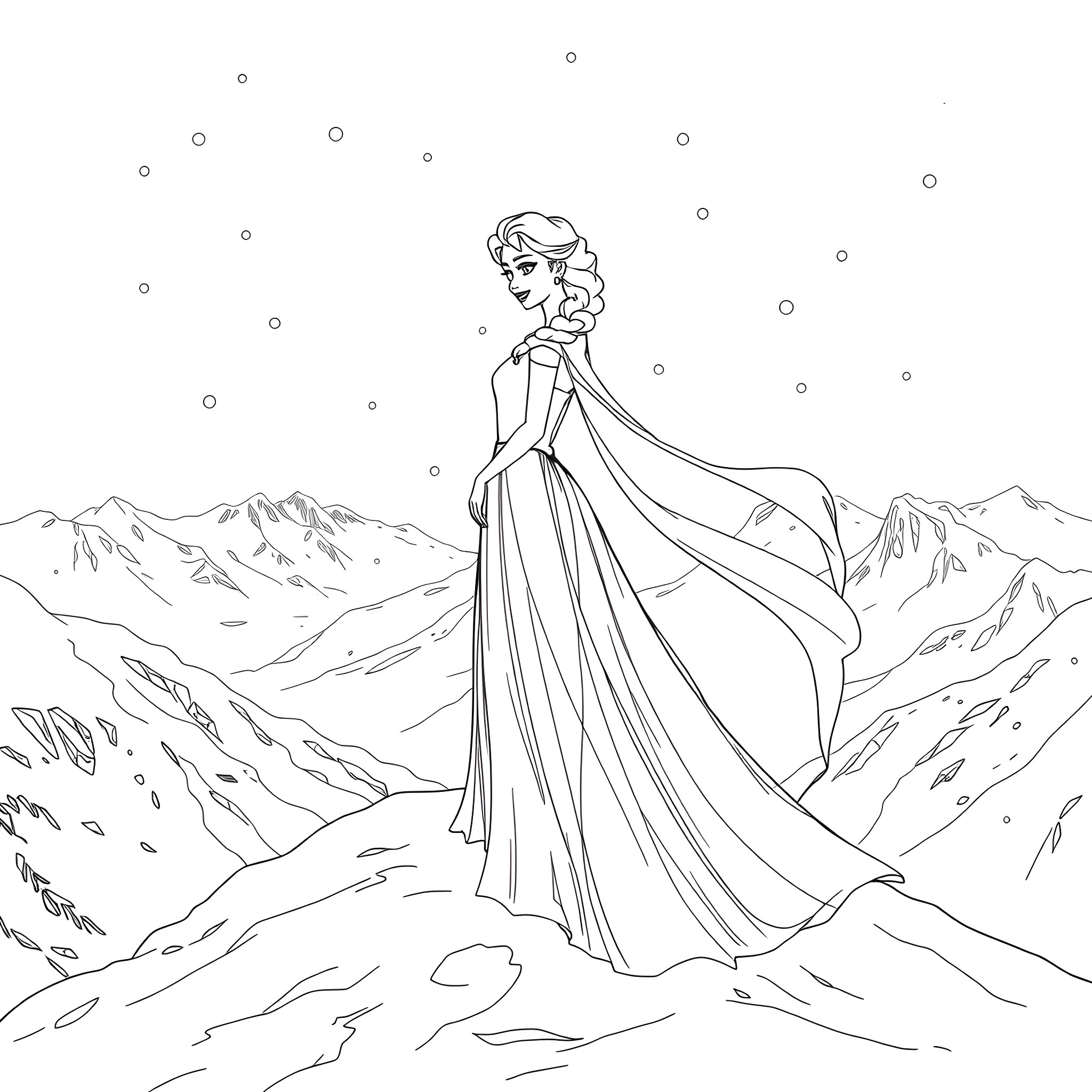 Elsa's Icy Adventure in the Snowy Wonderland Coloring Page (free black-and-white line drawing printable PDF for all, from beginners to advanced learners, including children, teens, adults, and seniors)