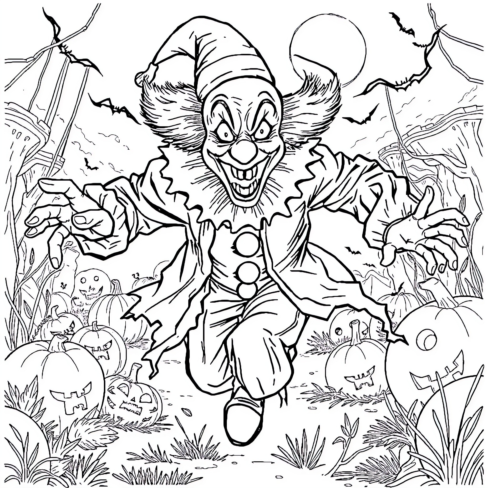 Clown in a Creepy Halloween Scene Coloring Page (free black-and-white line drawing printable PDF for all, from beginners to advanced learners, including children, teens, adults, and seniors)