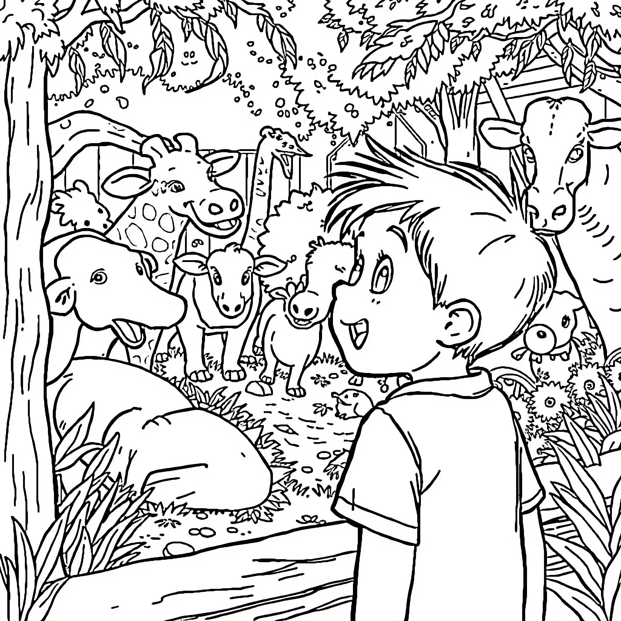 Boy exploring the enchanting forest with animals Coloring Page (free black-and-white line drawing printable PDF for all, from beginners to advanced learners, including children, teens, adults, and seniors)