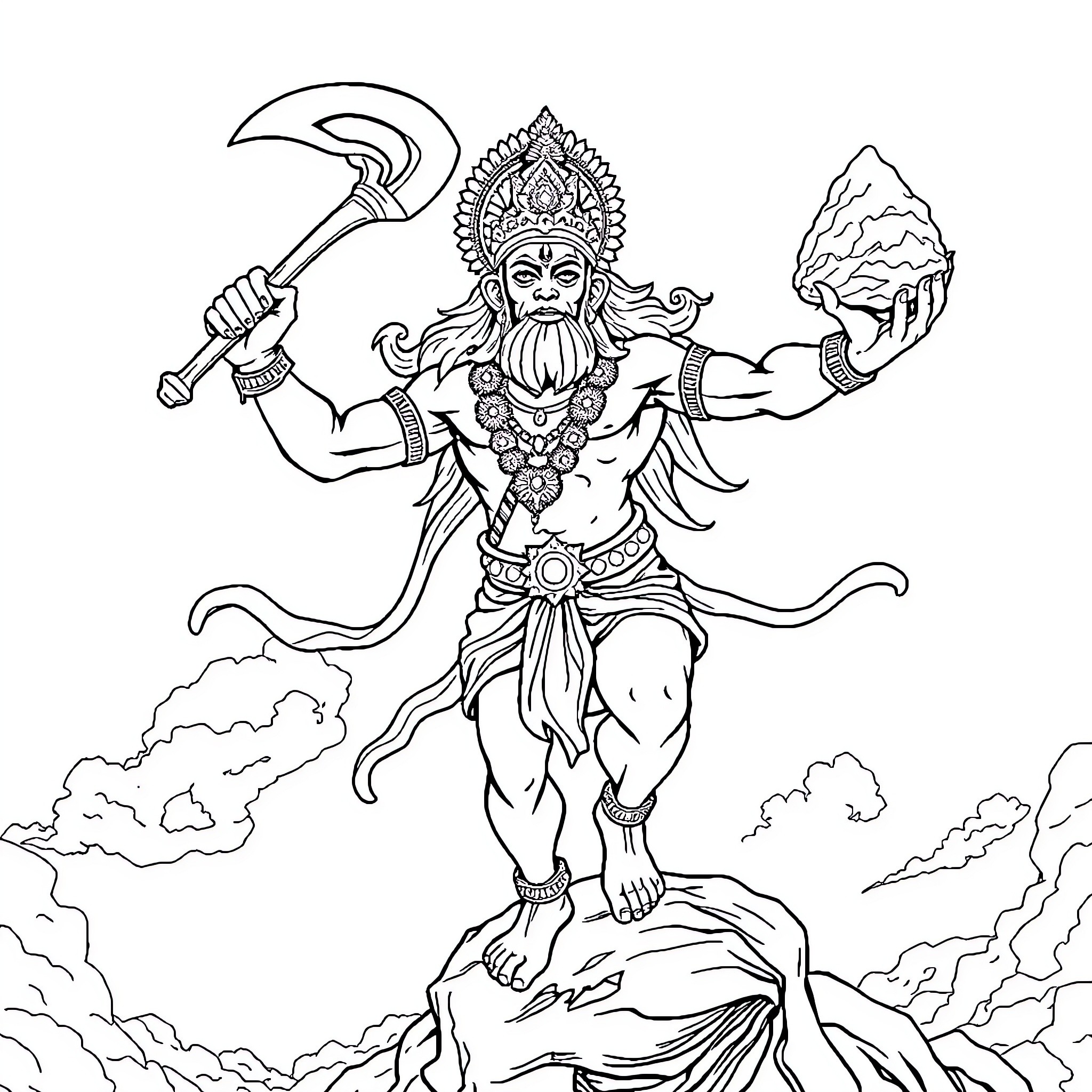 Hanuman, the Mighty Monkey God, Wielding Weapons Coloring Page (free black-and-white line drawing printable PDF for all, from beginners to advanced learners, including children, teens, adults, and seniors)