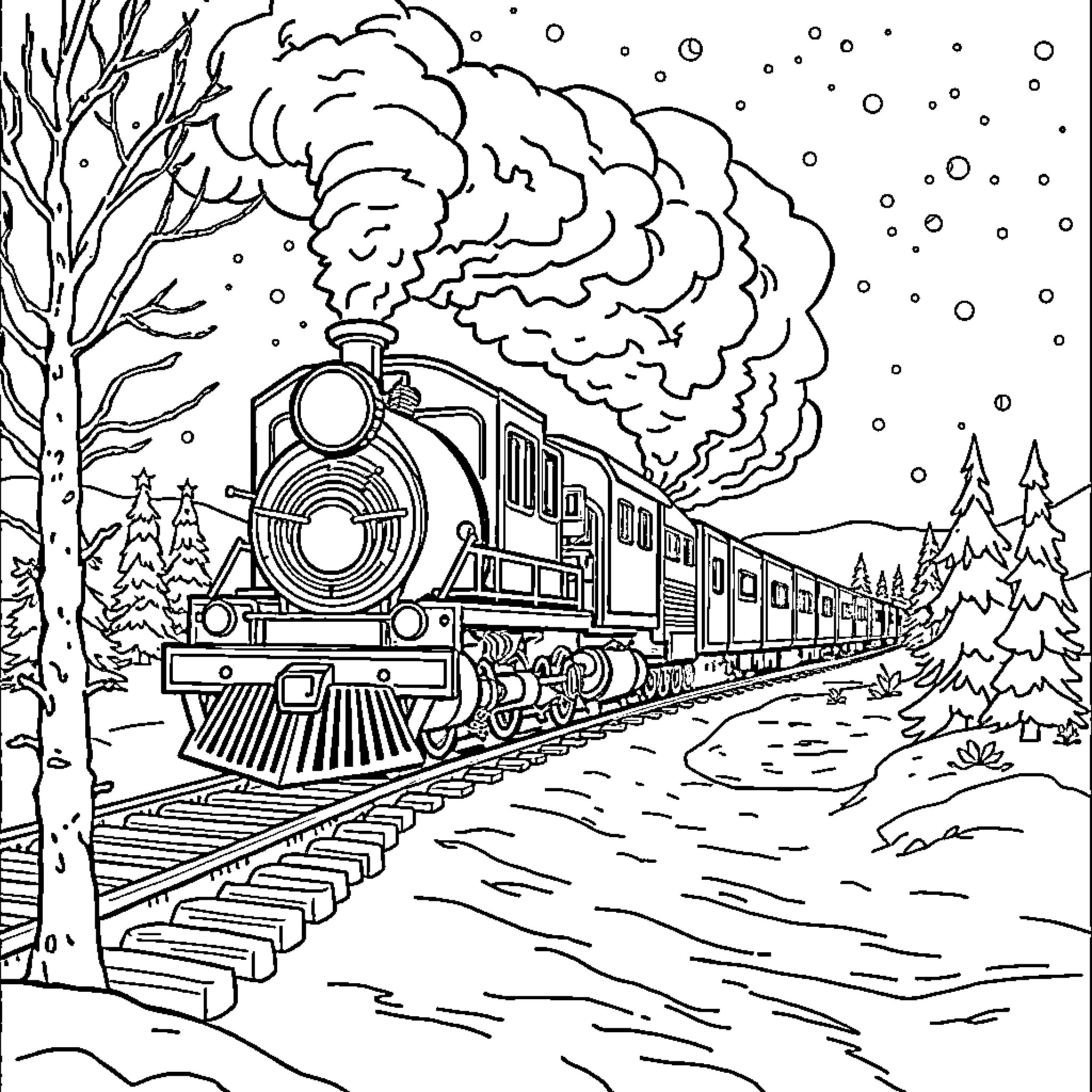 Polar Express train traveling through snowy winter landscape Coloring Page (free black-and-white line drawing printable PDF for all, from beginners to advanced learners, including children, teens, adults, and seniors)