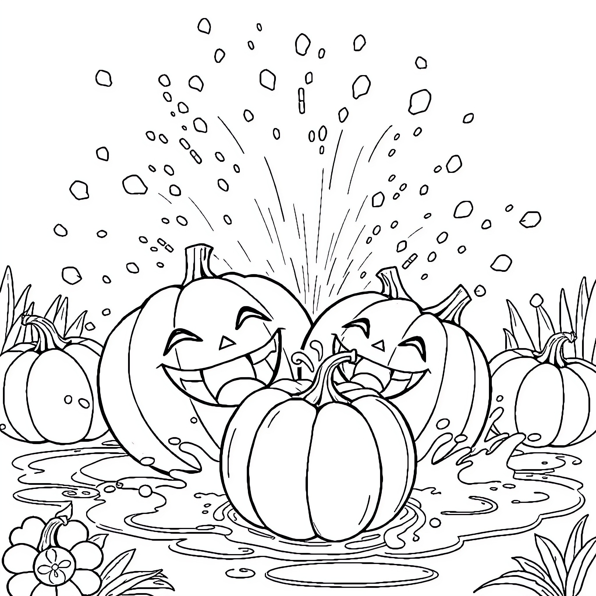 Pumpkins Celebrating with Fireworks in Autumn Coloring Page (free black-and-white line drawing printable PDF for all, from beginners to advanced learners, including children, teens, adults, and seniors)