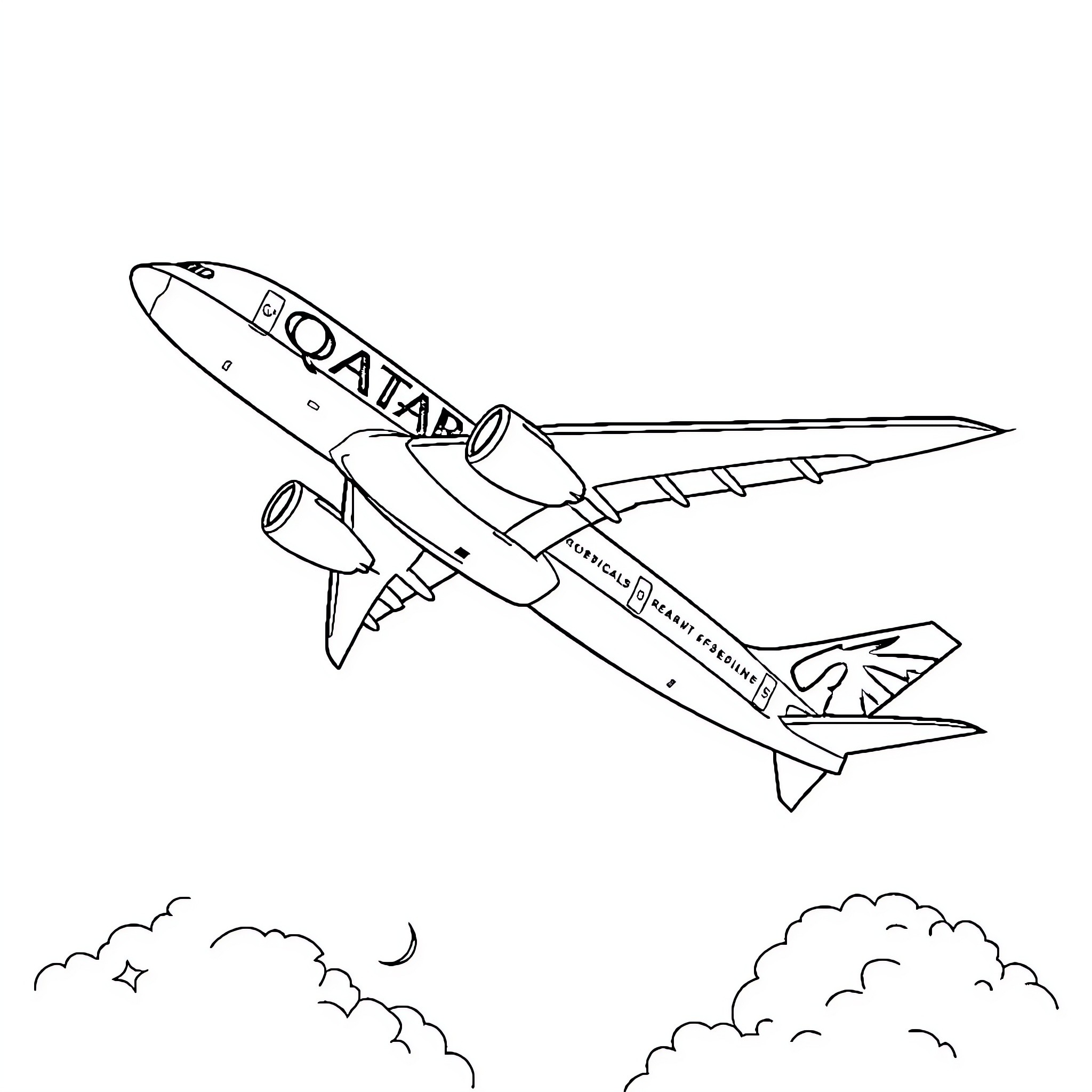 Airplane taking flight through the clouds Coloring Page (free black-and-white line drawing printable PDF for all, from beginners to advanced learners, including children, teens, adults, and seniors)