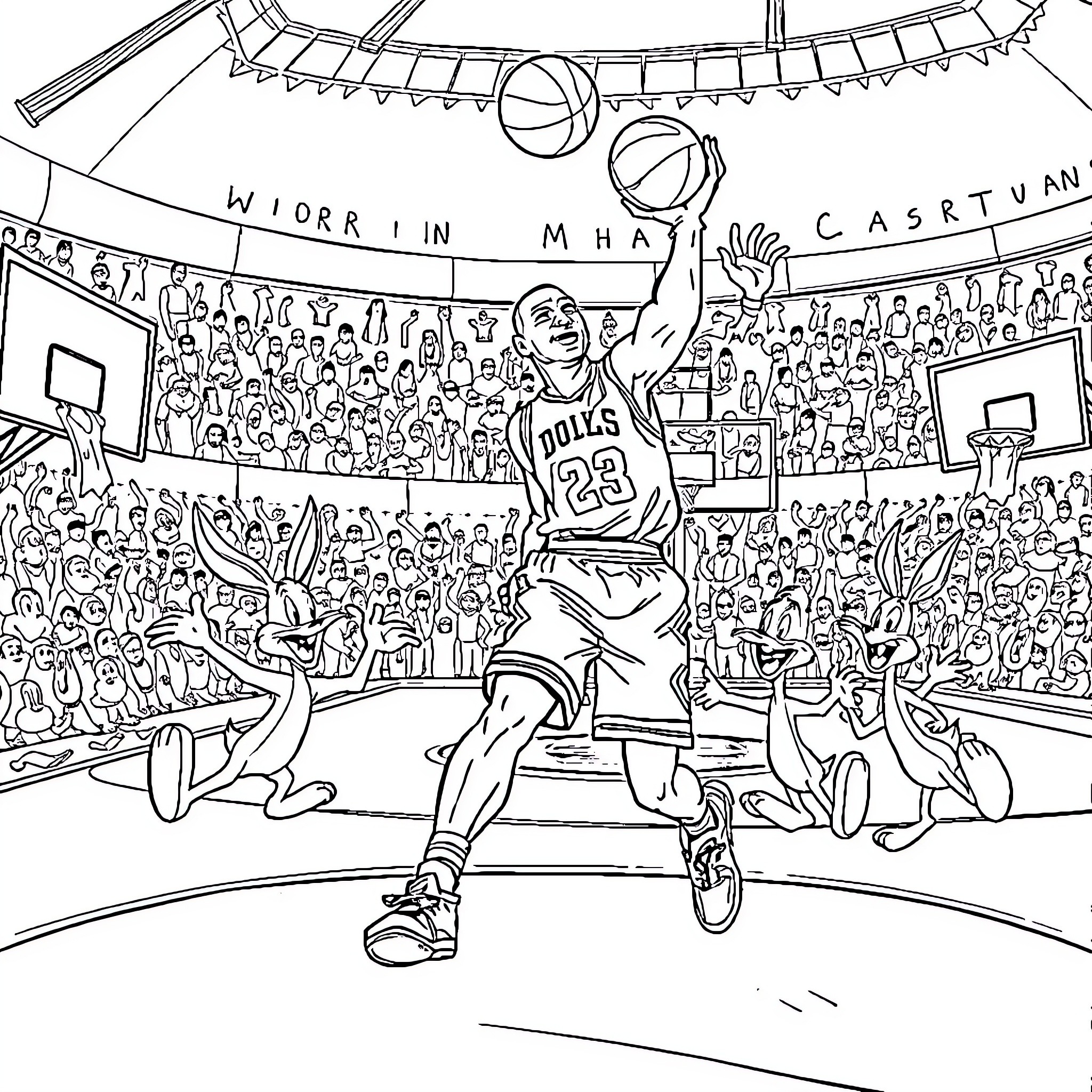 Michael Jordan Basketball Superstar Dominates the Court Coloring Page (free black-and-white line drawing printable PDF for all, from beginners to advanced learners, including children, teens, adults, and seniors)