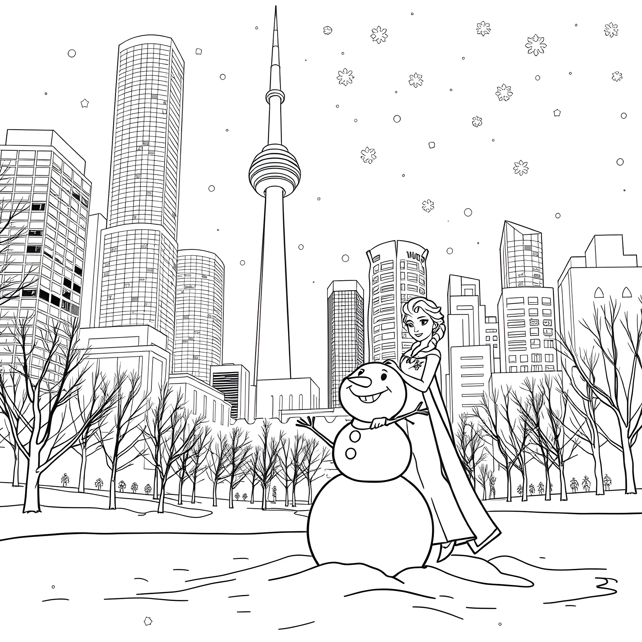 Elsa and Olaf exploring the snowy cityscape Coloring Page (free black-and-white line drawing printable PDF for all, from beginners to advanced learners, including children, teens, adults, and seniors)
