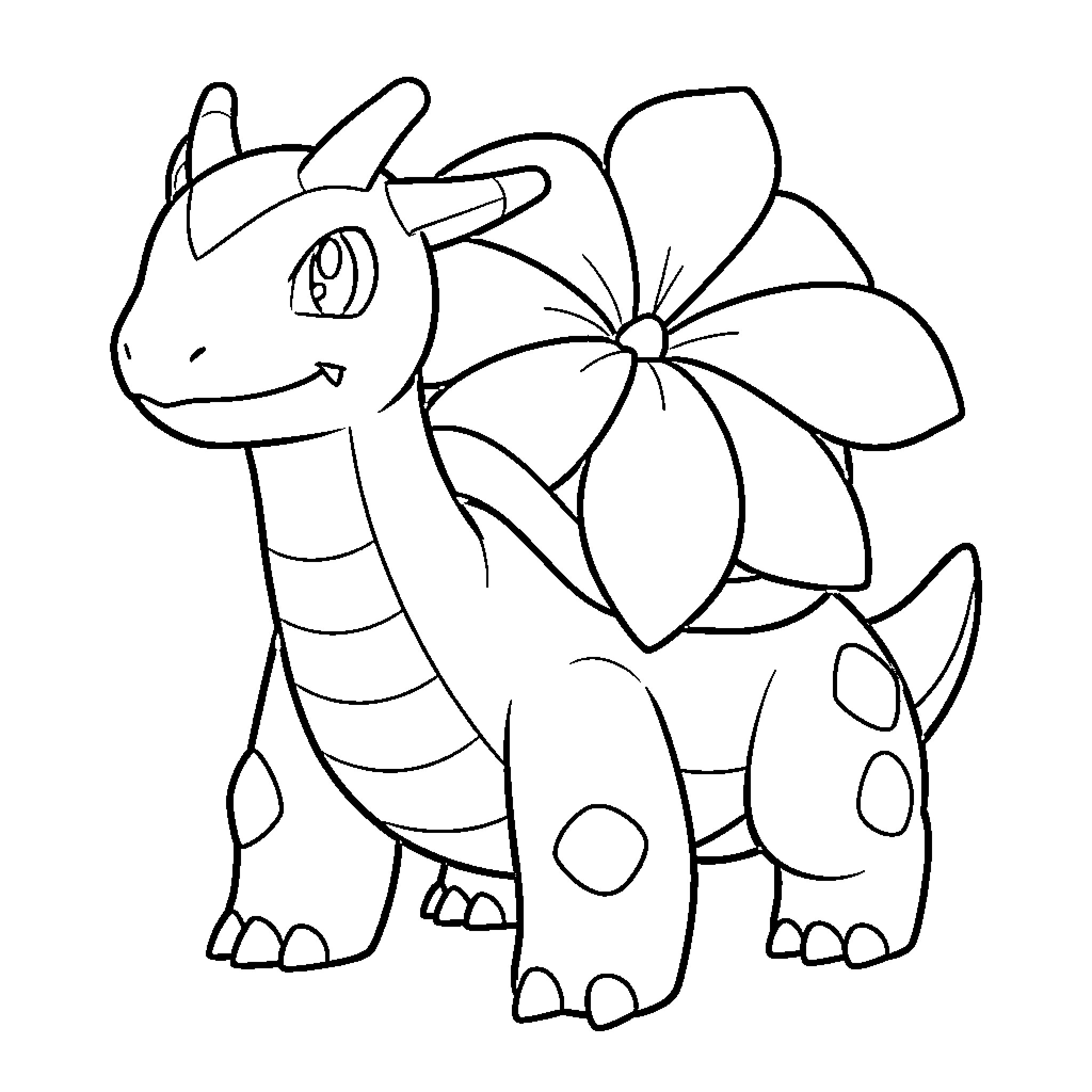 Venusaur smiling and standing with a flower Coloring Page (free black-and-white line drawing printable PDF for all, from beginners to advanced learners, including children, teens, adults, and seniors)