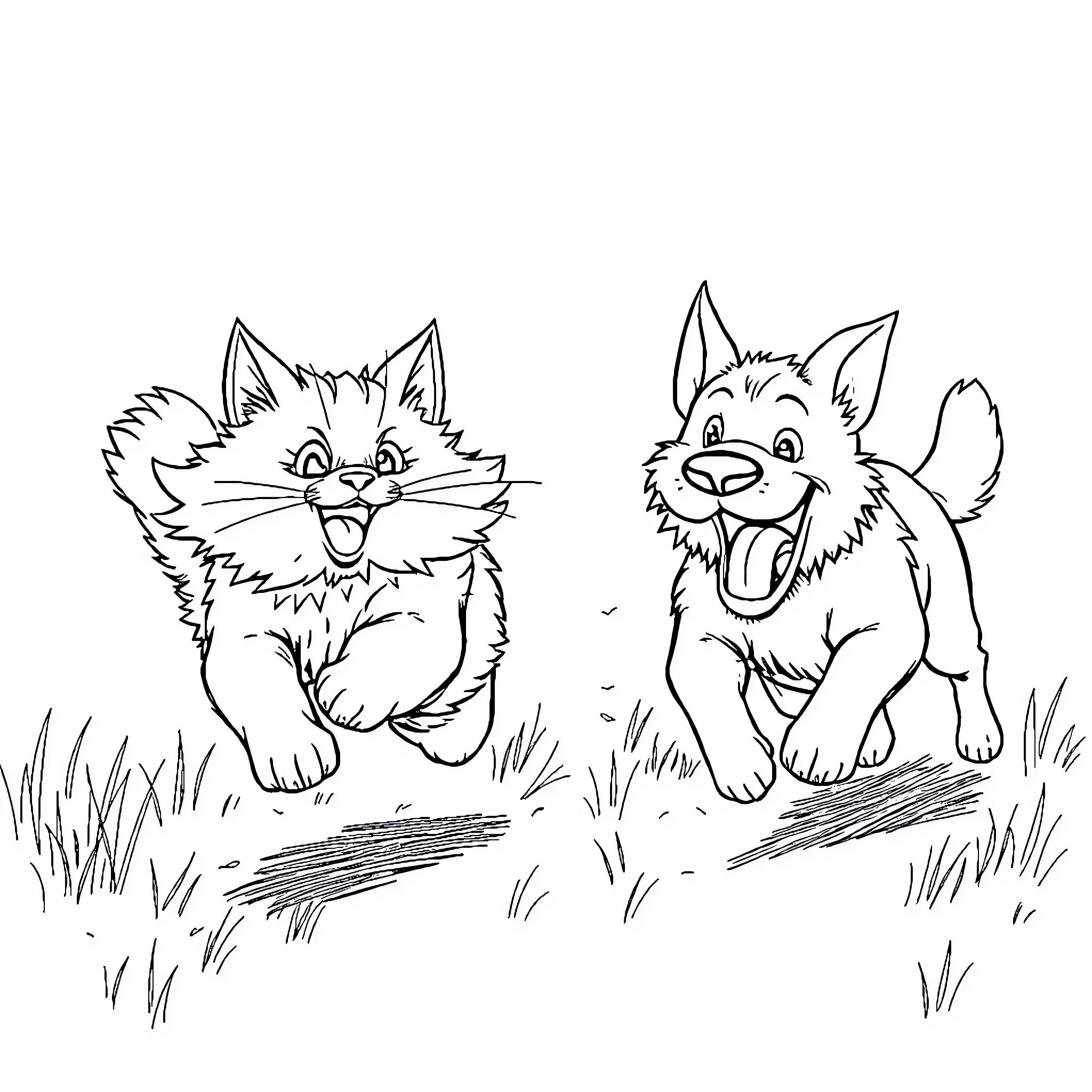 Cats playing happily in the field Coloring Page (free black-and-white line drawing printable PDF for all, from beginners to advanced learners, including children, teens, adults, and seniors)