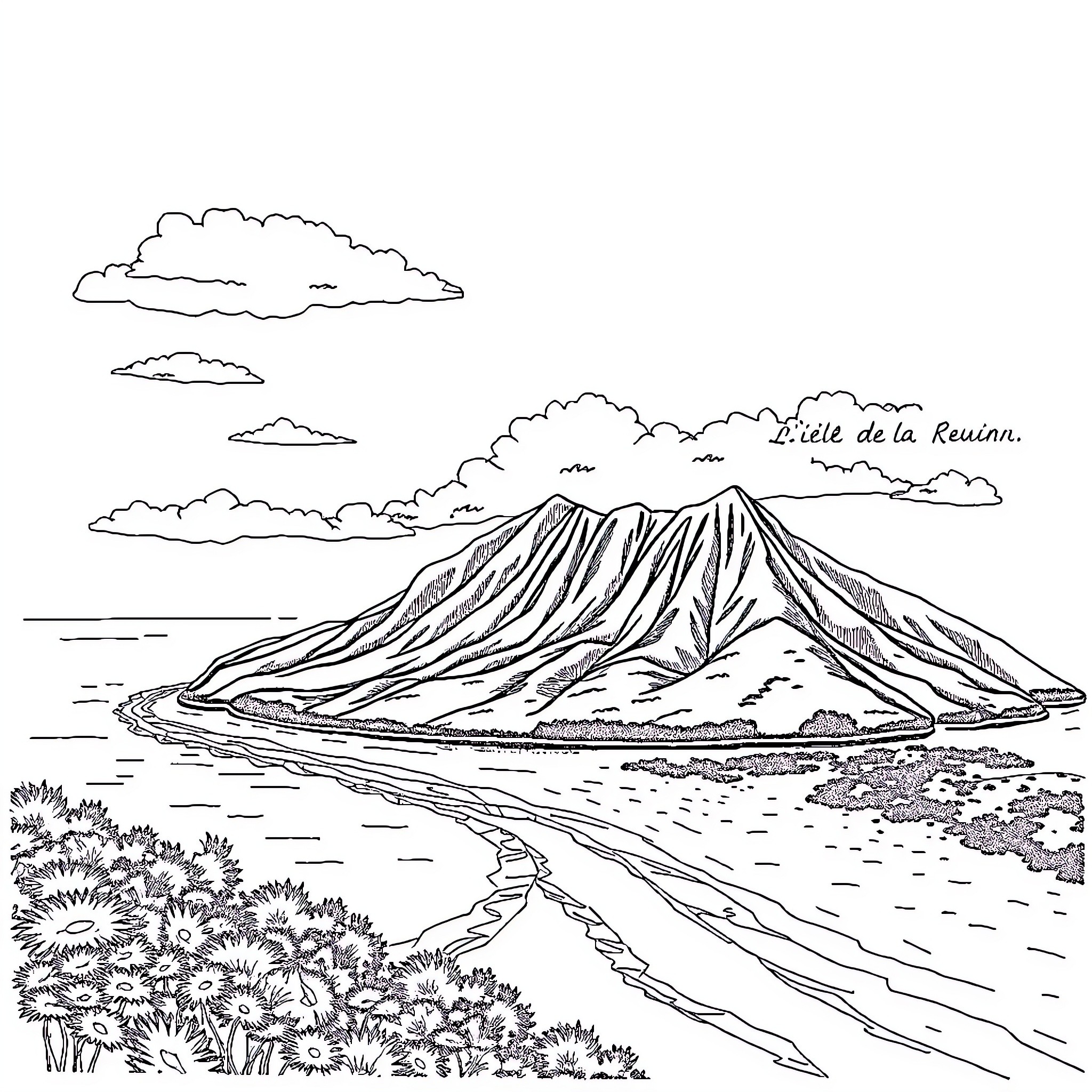 Réunion: Scenic Landscape with Mountains and Clouds Coloring Page (free black-and-white line drawing printable PDF for all, from beginners to advanced learners, including children, teens, adults, and seniors)