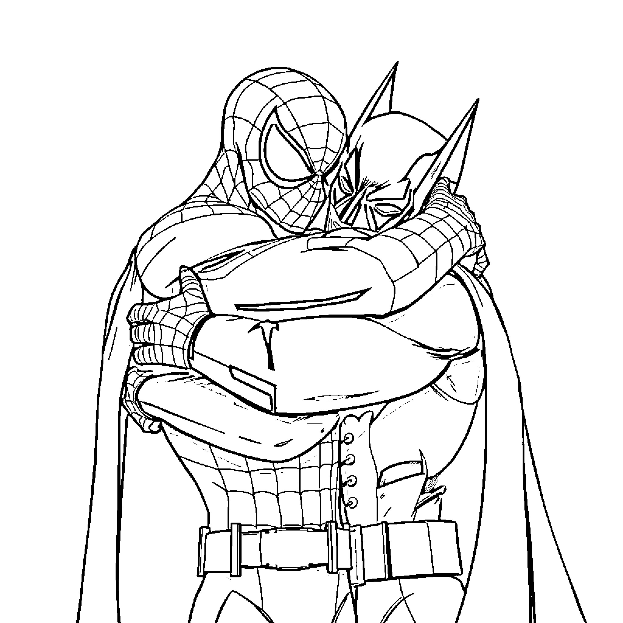 Spiderman and Batman embrace in heroic moment Coloring Page (free black-and-white line drawing printable PDF for all, from beginners to advanced learners, including children, teens, adults, and seniors)