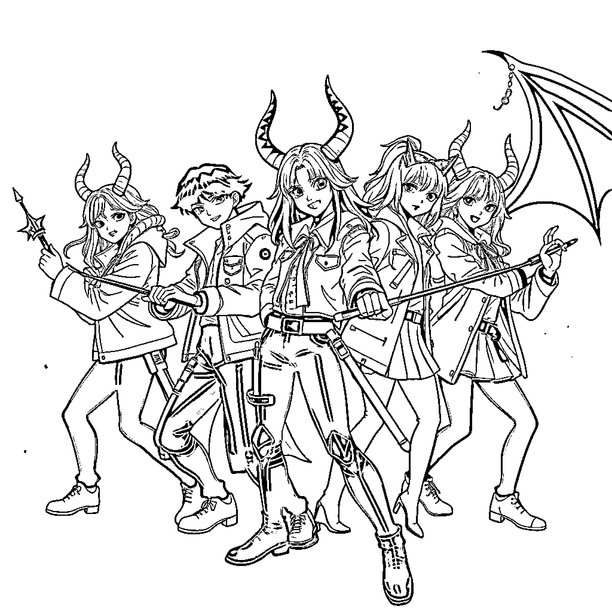 Demon Hunter Team in Action Poses Coloring Page (free black-and-white line drawing printable PDF for all, from beginners to advanced learners, including children, teens, adults, and seniors)