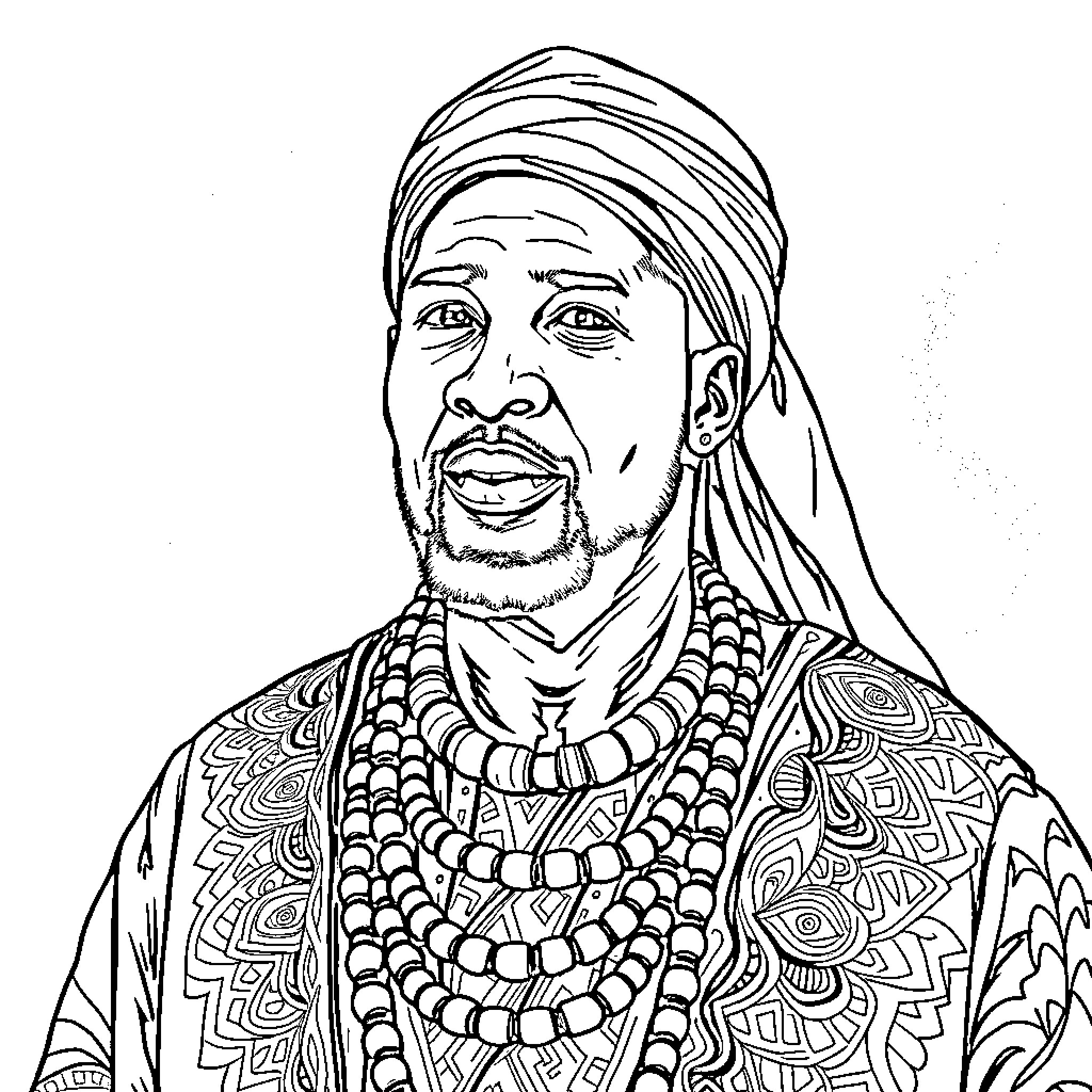 Bayefall: Detailed Portrait of a Tribal Elder Coloring Page (free black-and-white line drawing printable PDF for all, from beginners to advanced learners, including children, teens, adults, and seniors)