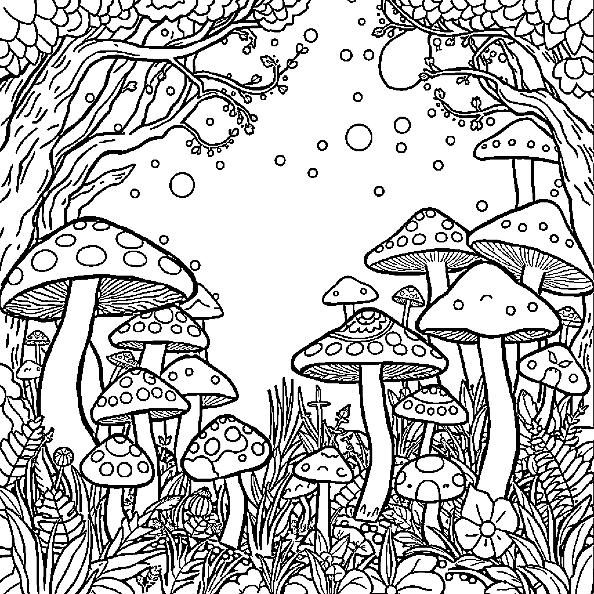 Mushroom Forest with Fantastical Fungi Coloring Page (free black-and-white line drawing printable PDF for all, from beginners to advanced learners, including children, teens, adults, and seniors)