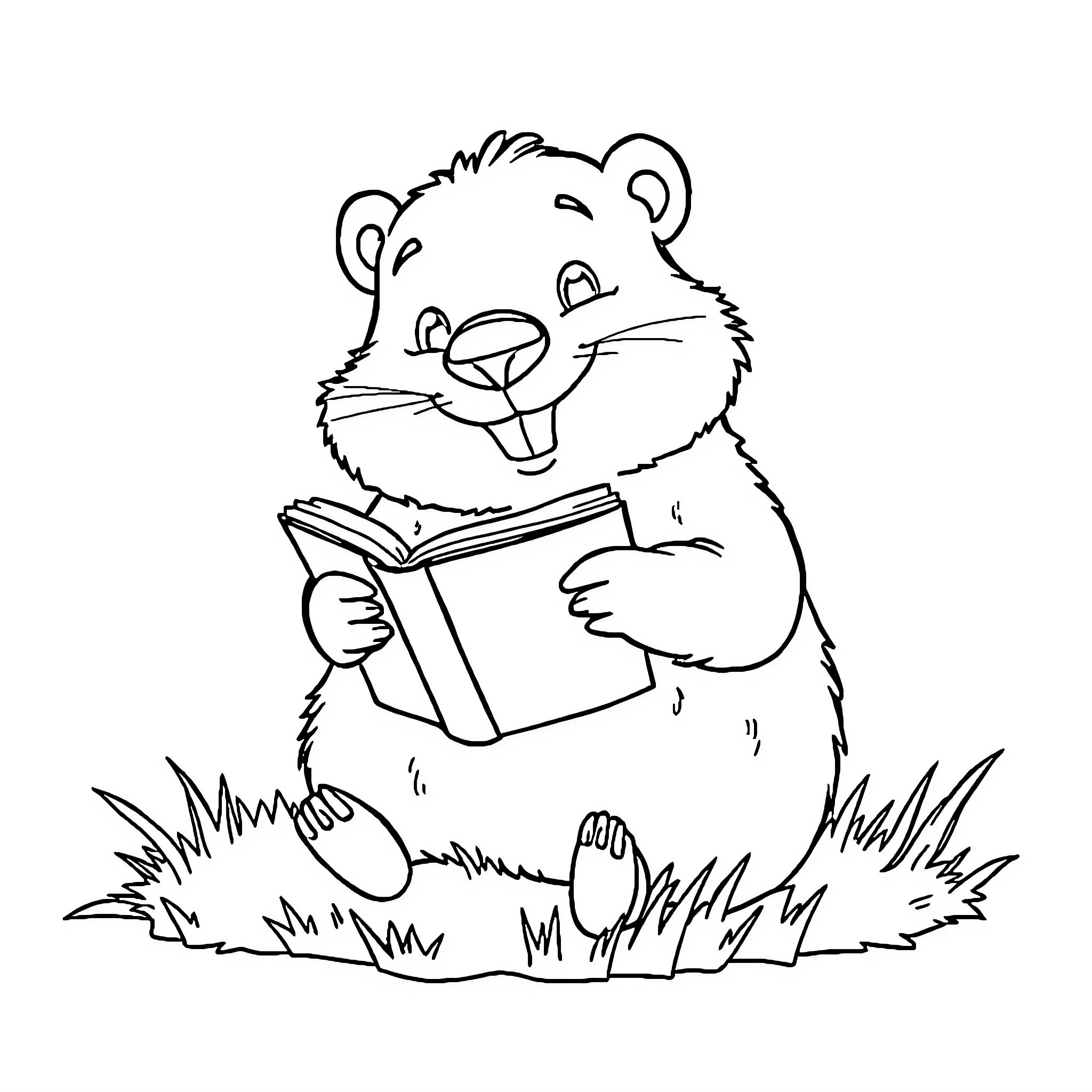 Groundhog reading a book in the meadow Coloring Page (free black-and-white line drawing printable PDF for all, from beginners to advanced learners, including children, teens, adults, and seniors)