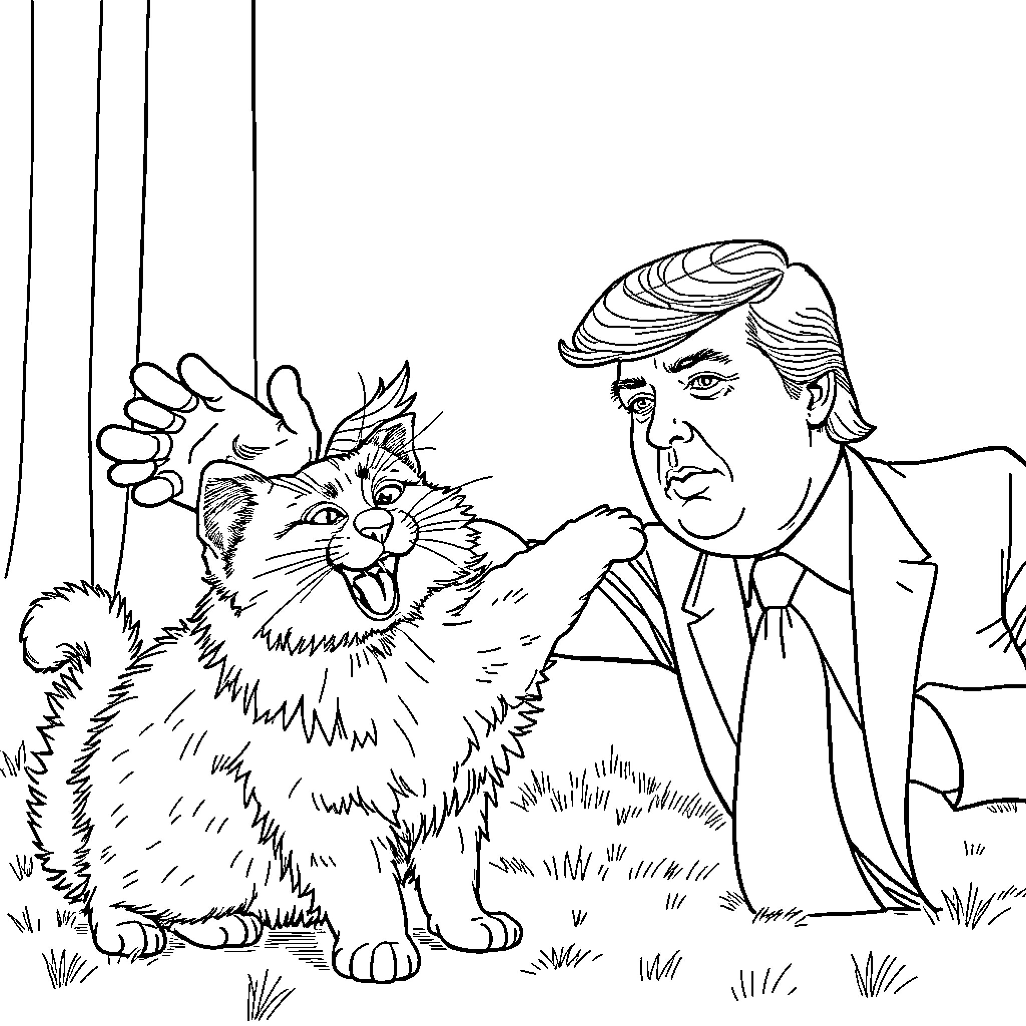 Trump interacting with an angry cat in an outdoor setting Coloring Page (free black-and-white line drawing printable PDF for all, from beginners to advanced learners, including children, teens, adults, and seniors)