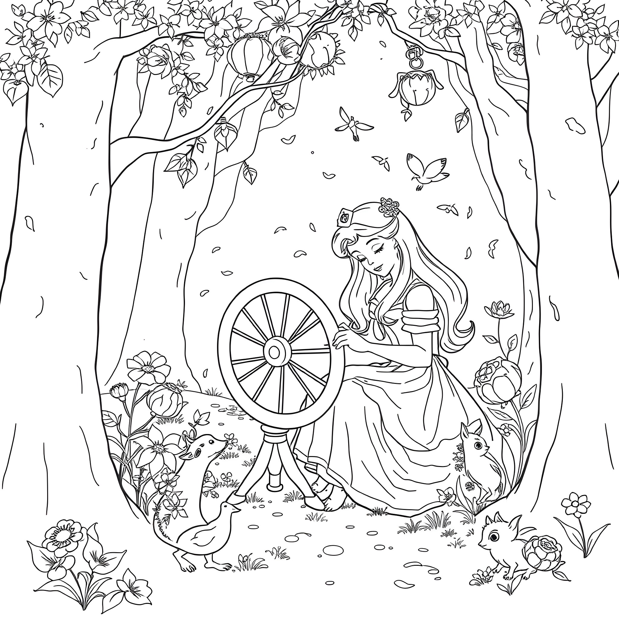 Sleeping Beauty enjoying the nature in a magical forest Coloring Page (free black-and-white line drawing printable PDF for all, from beginners to advanced learners, including children, teens, adults, and seniors)