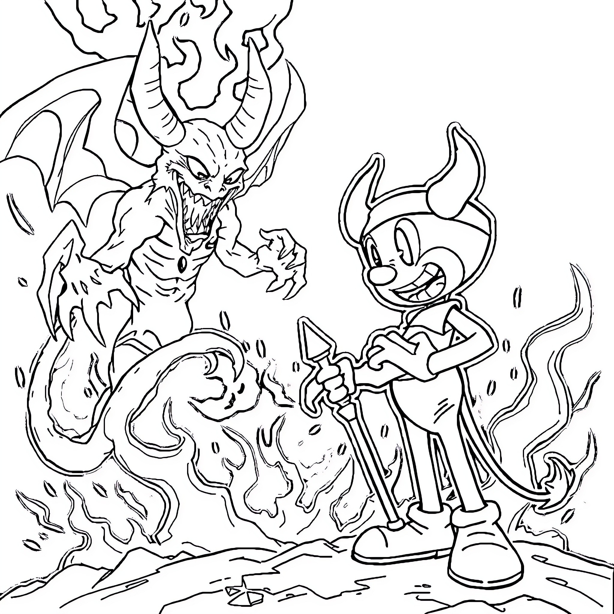 Cuphead confronting a fearsome dragon Coloring Page (free black-and-white line drawing printable PDF for all, from beginners to advanced learners, including children, teens, adults, and seniors)