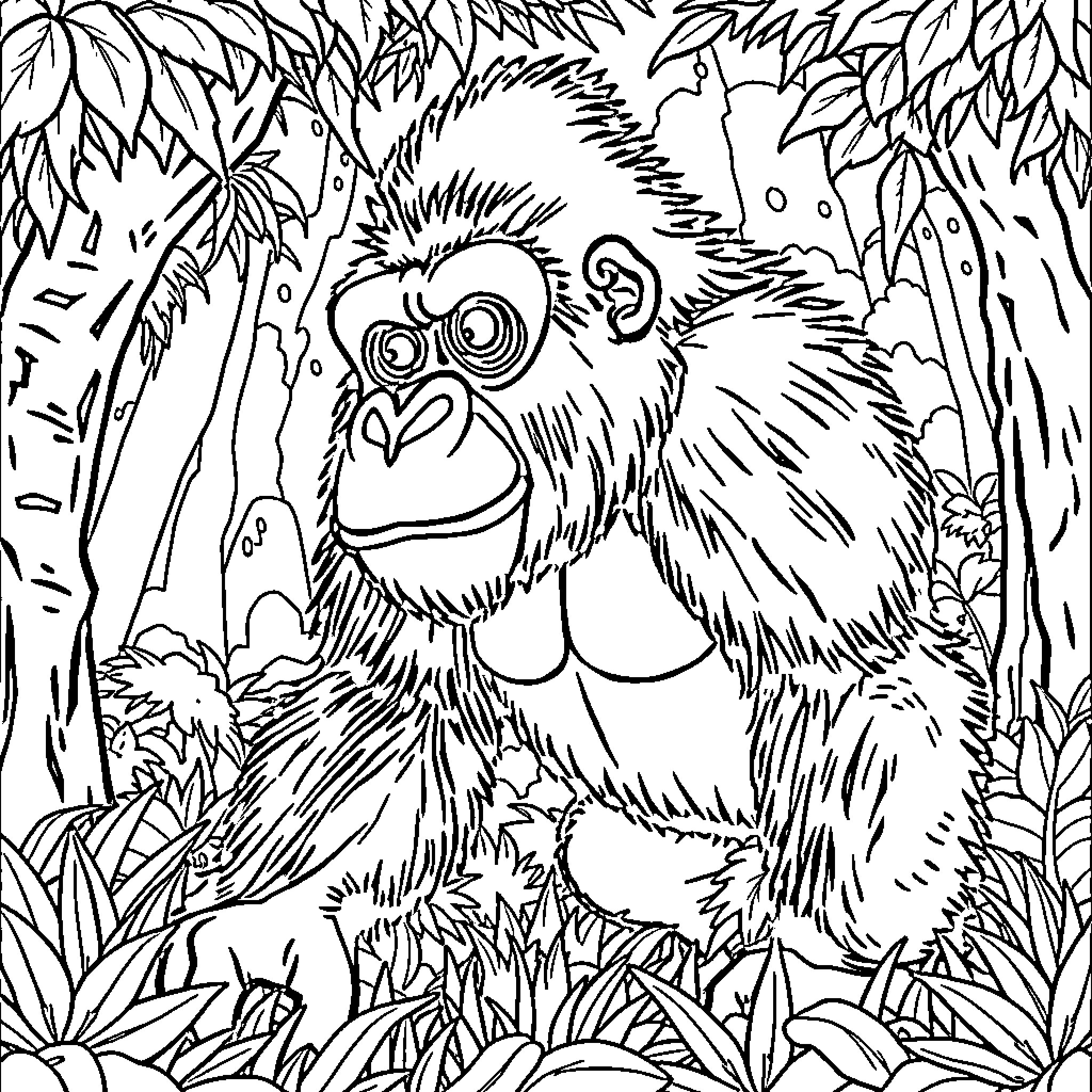 Gorilla in the dense jungle Coloring Page (free black-and-white line drawing printable PDF for all, from beginners to advanced learners, including children, teens, adults, and seniors)